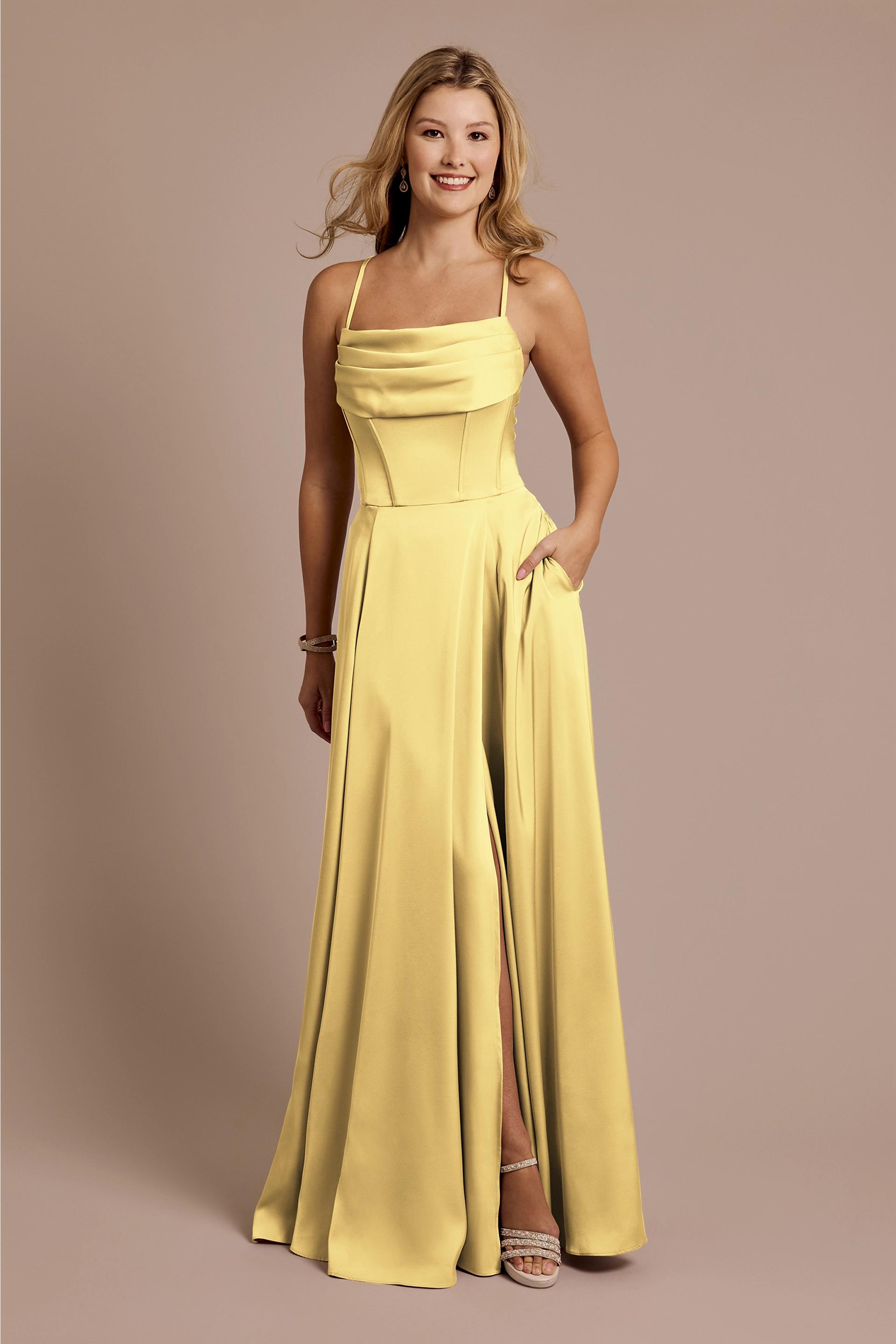 yellow bridesmaid dresses KissProm Spaghetti Strap A-Line Chiffon Maxi Dress in Pastel Yellow, Pastel / 2 The design flows into a graceful A Mustard Yellow Bridesmaid Dresses |