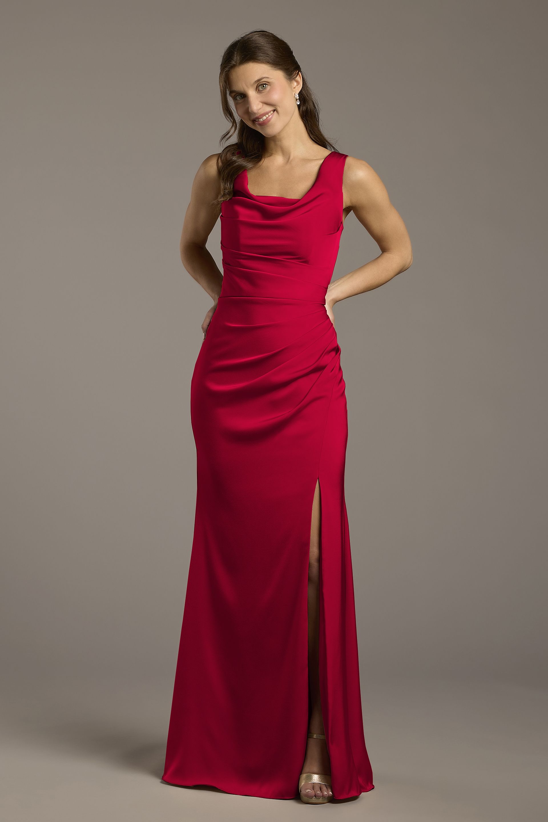 Galina Signature Matte Satin Cowl Neck Sheath Dress in Apple Size: 18 David's Bridal