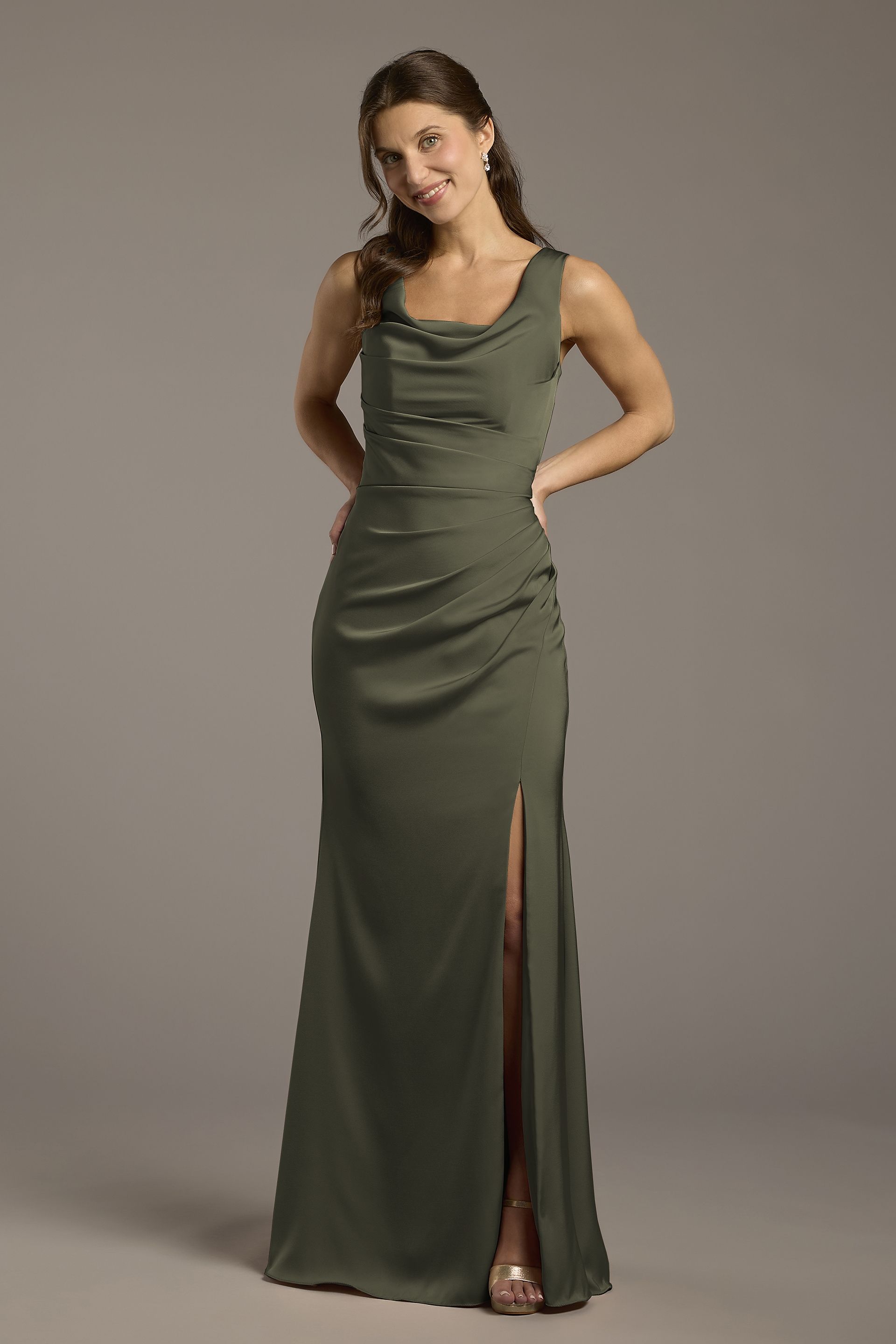 Galina Signature Matte Satin Cowl Neck Sheath Dress in Evergreen Size: 0 David's Bridal