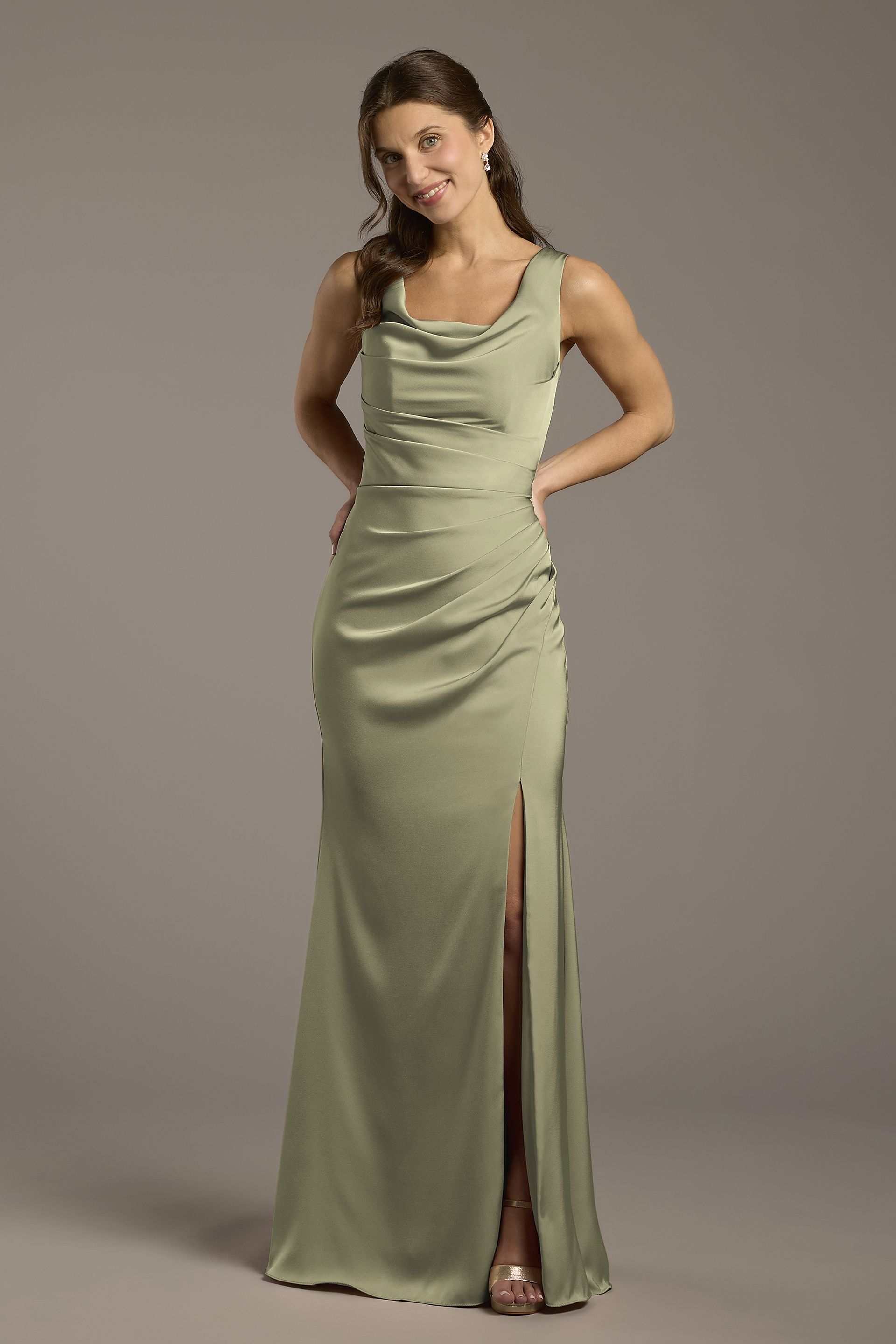 Galina Signature Matte Satin Cowl Neck Sheath Dress in Eucalyptus Size: 4 David's Bridal
