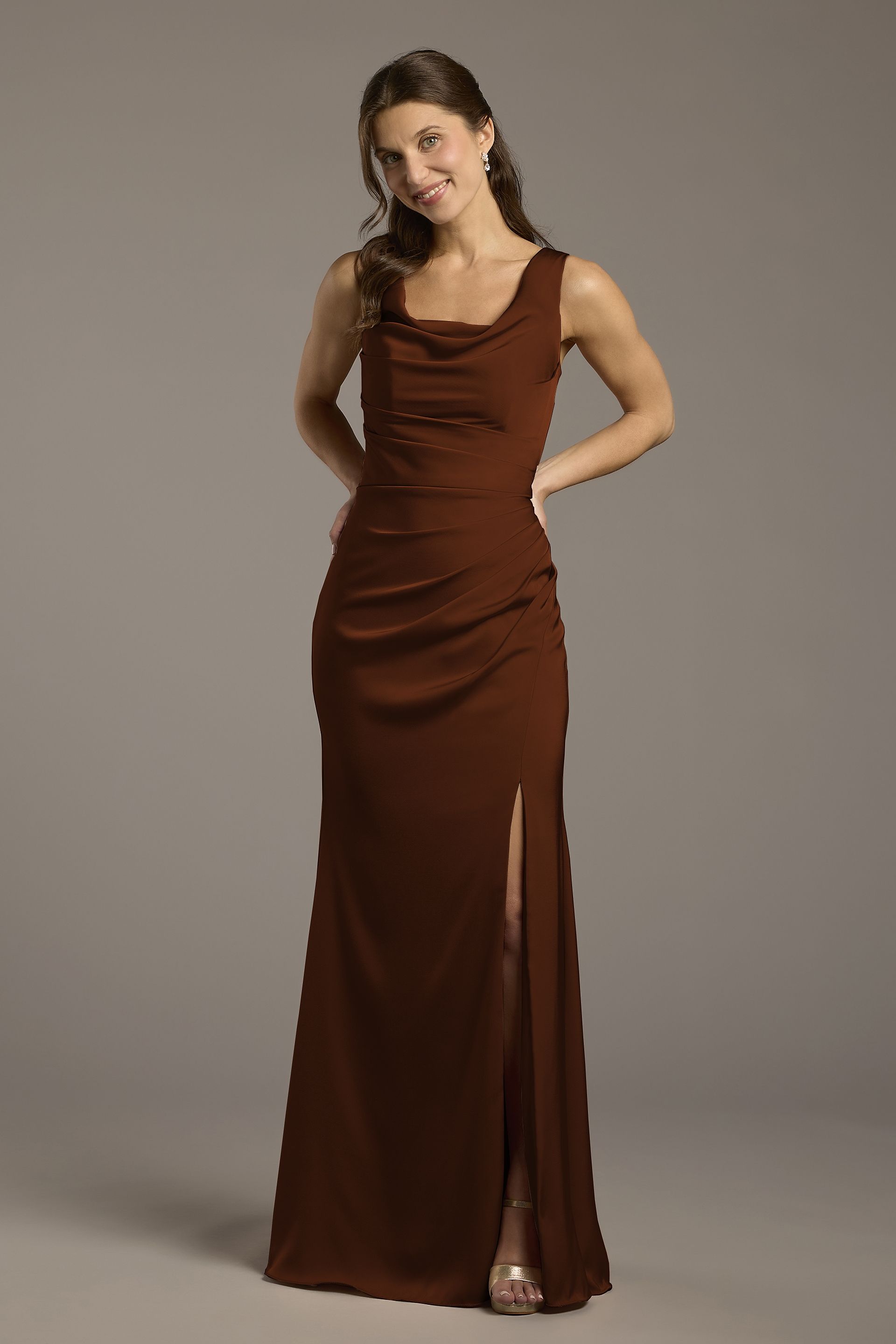 Galina Signature Matte Satin Cowl Neck Sheath Dress in Chocolate Size: 8 David's Bridal