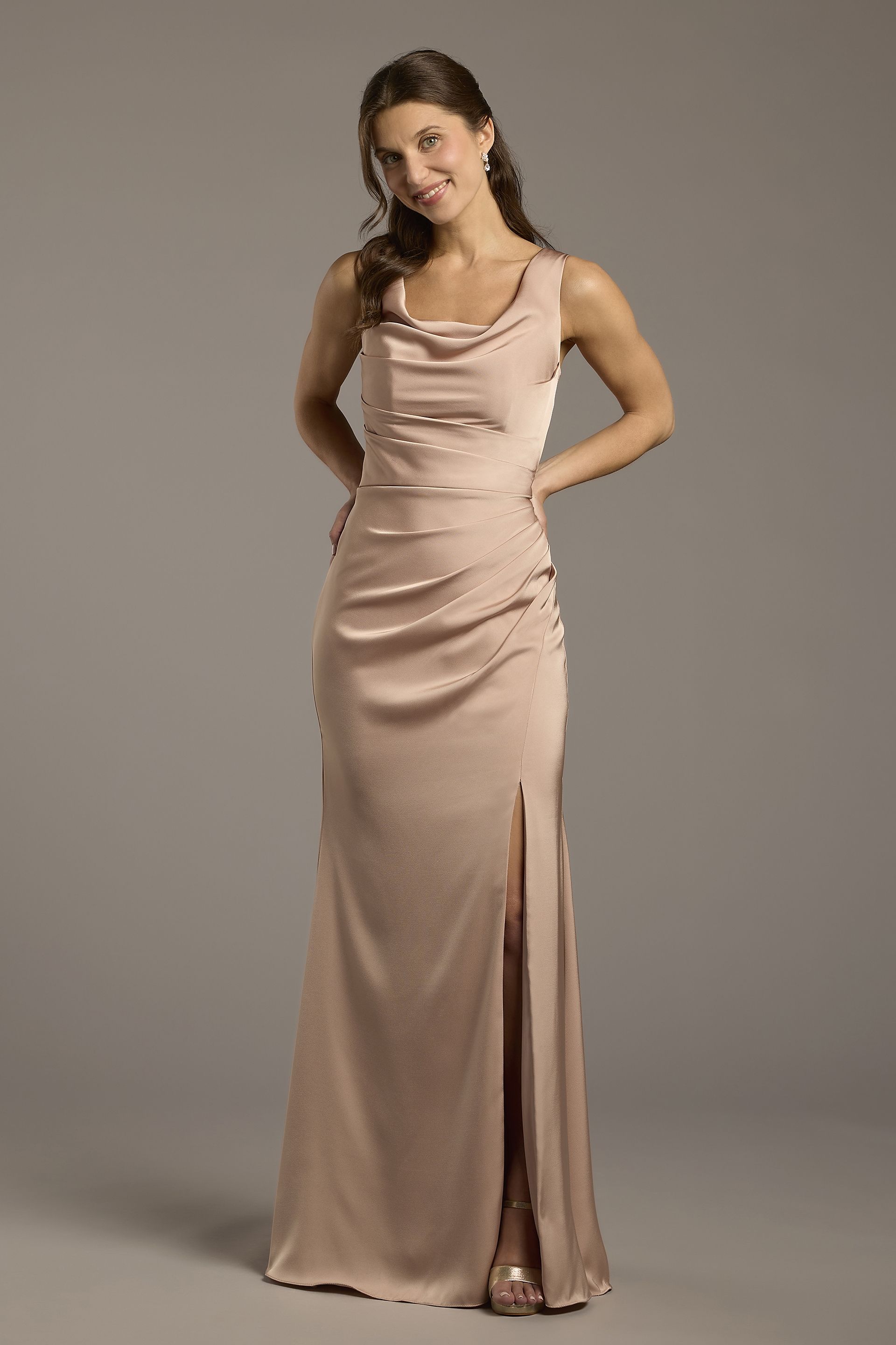 Galina Signature Matte Satin Cowl Neck Sheath Dress in Sand Size: 6 David's Bridal