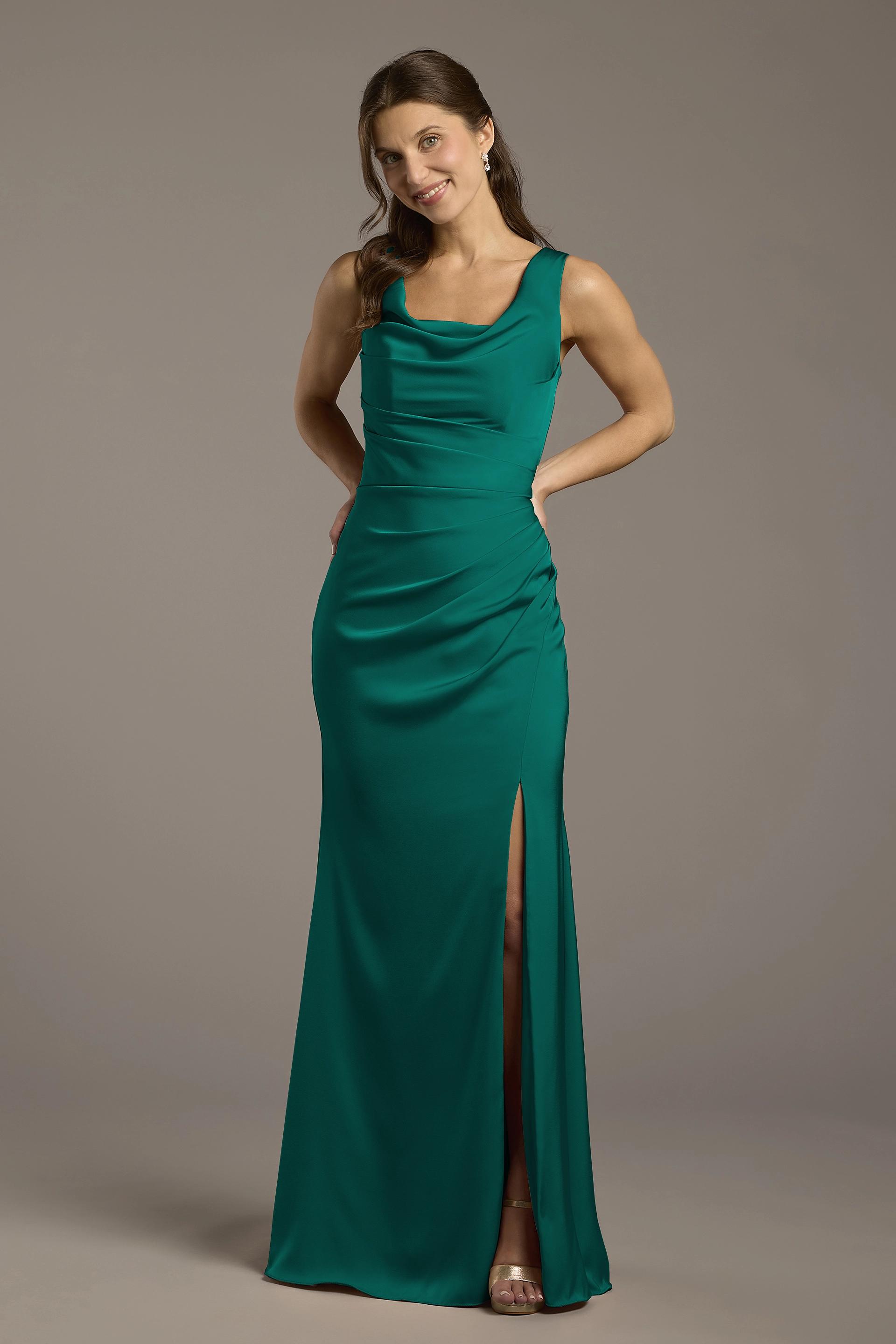 Galina Signature Matte Satin Cowl Neck Sheath Dress in True Teal Size: 2 David's Bridal