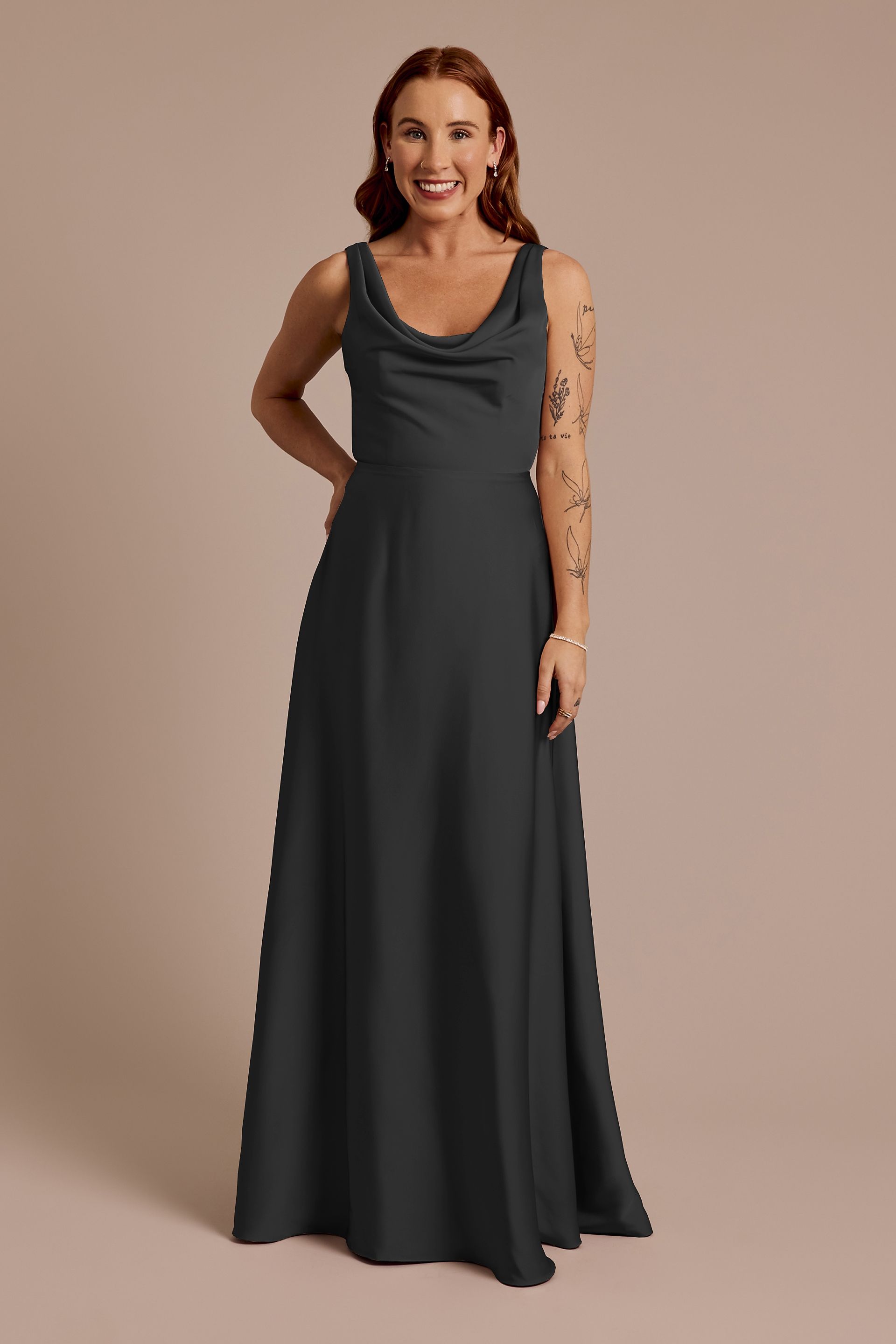 Picture of Matte Satin Cowl Neck Tie Back Dress