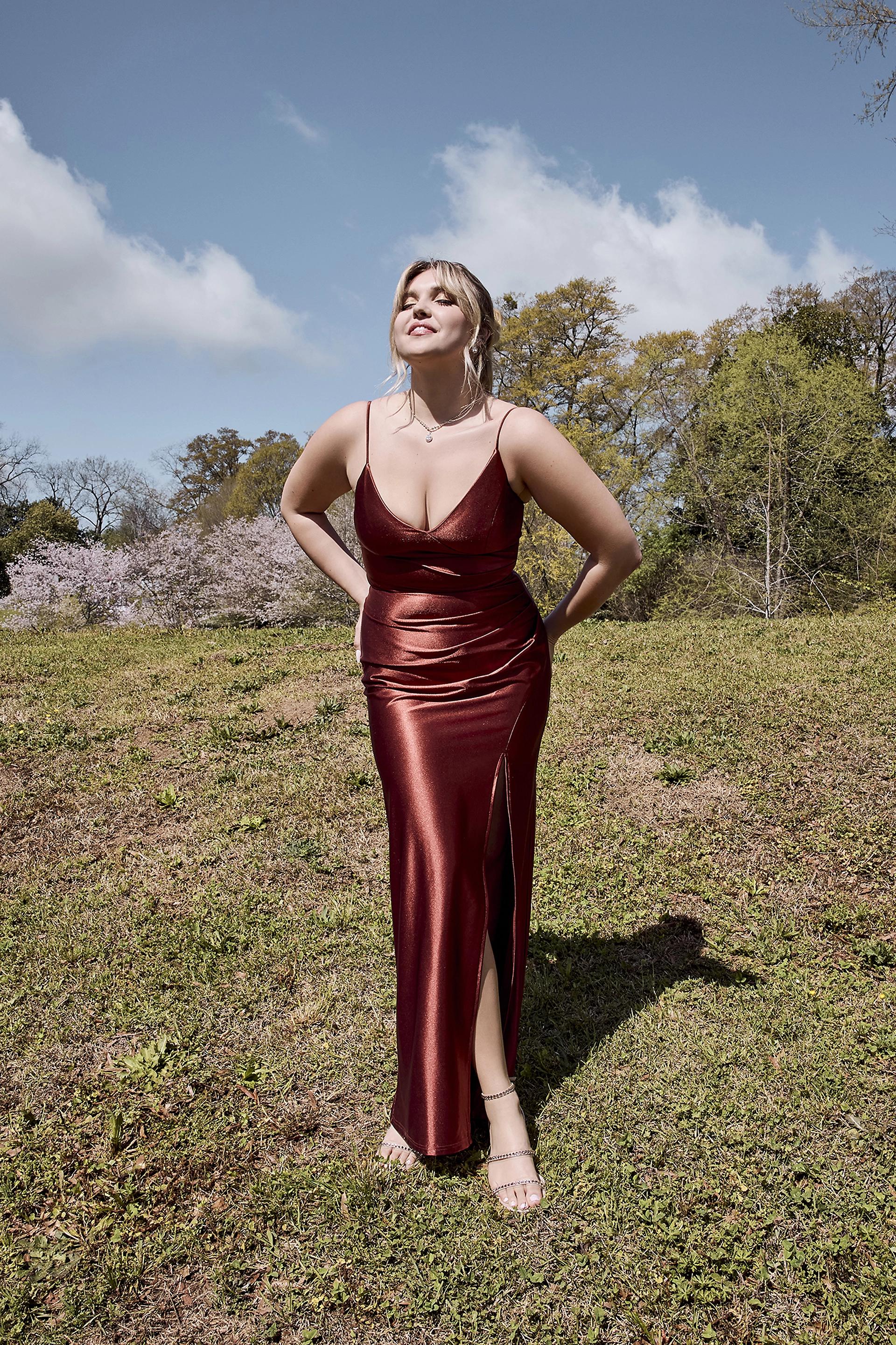Celebrate DB Studio Sculpting Satin Spaghetti Strap Dress in Cinnamon Size: 0 David's Bridal