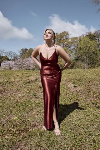 View Celebrate DB Studio Sculpting Satin Spaghetti Strap Dress in all available color and sizes Picture of Sculpting Satin Spaghetti Strap Dress