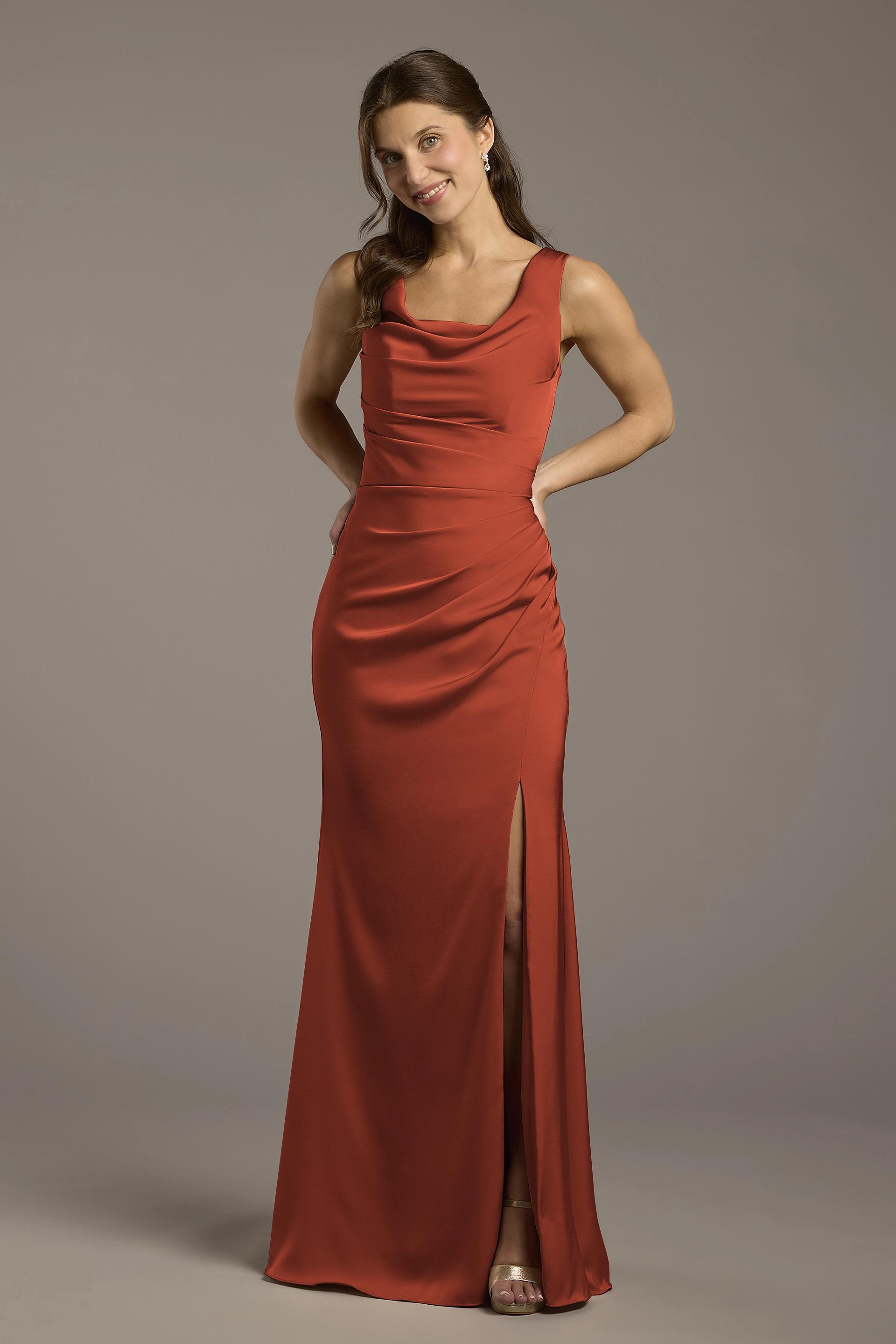 Galina Signature Matte Satin Cowl Neck Sheath Dress in Cinnamon Size: 2 David's Bridal