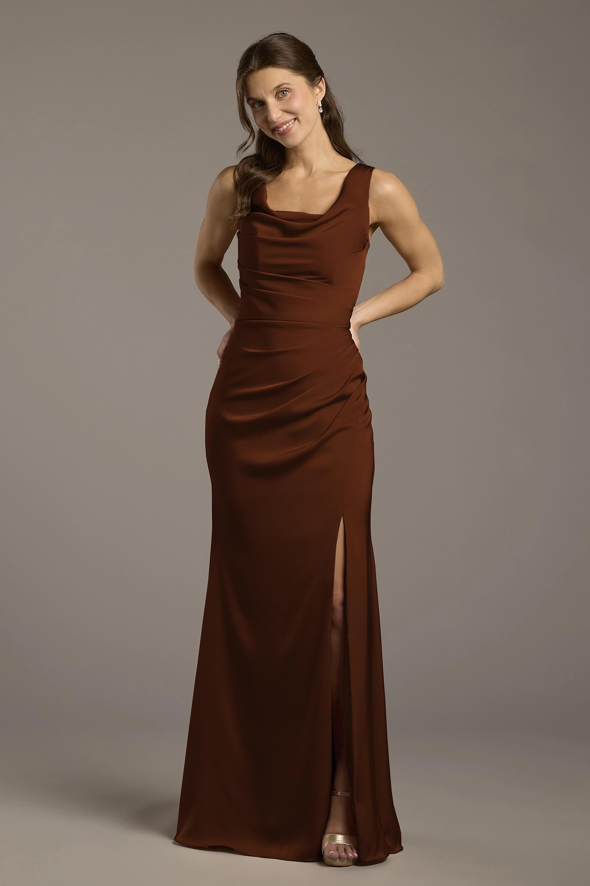 Galina Signature Matte Satin Cowl Neck Sheath Dress in Chocolate Size: 28 David's Bridal