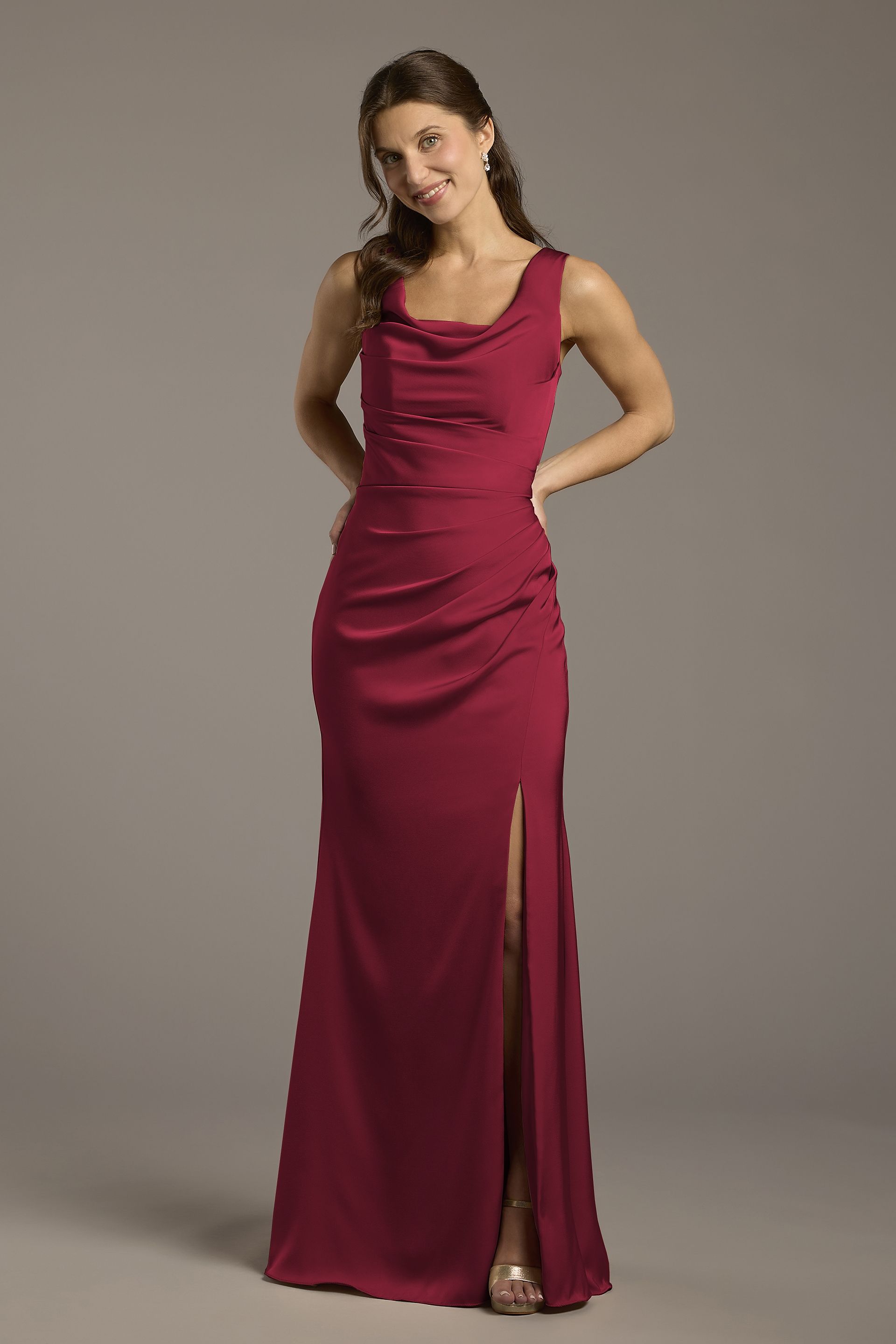 Galina Signature Matte Satin Cowl Neck Sheath Dress in Cranberry Size: 16 David's Bridal