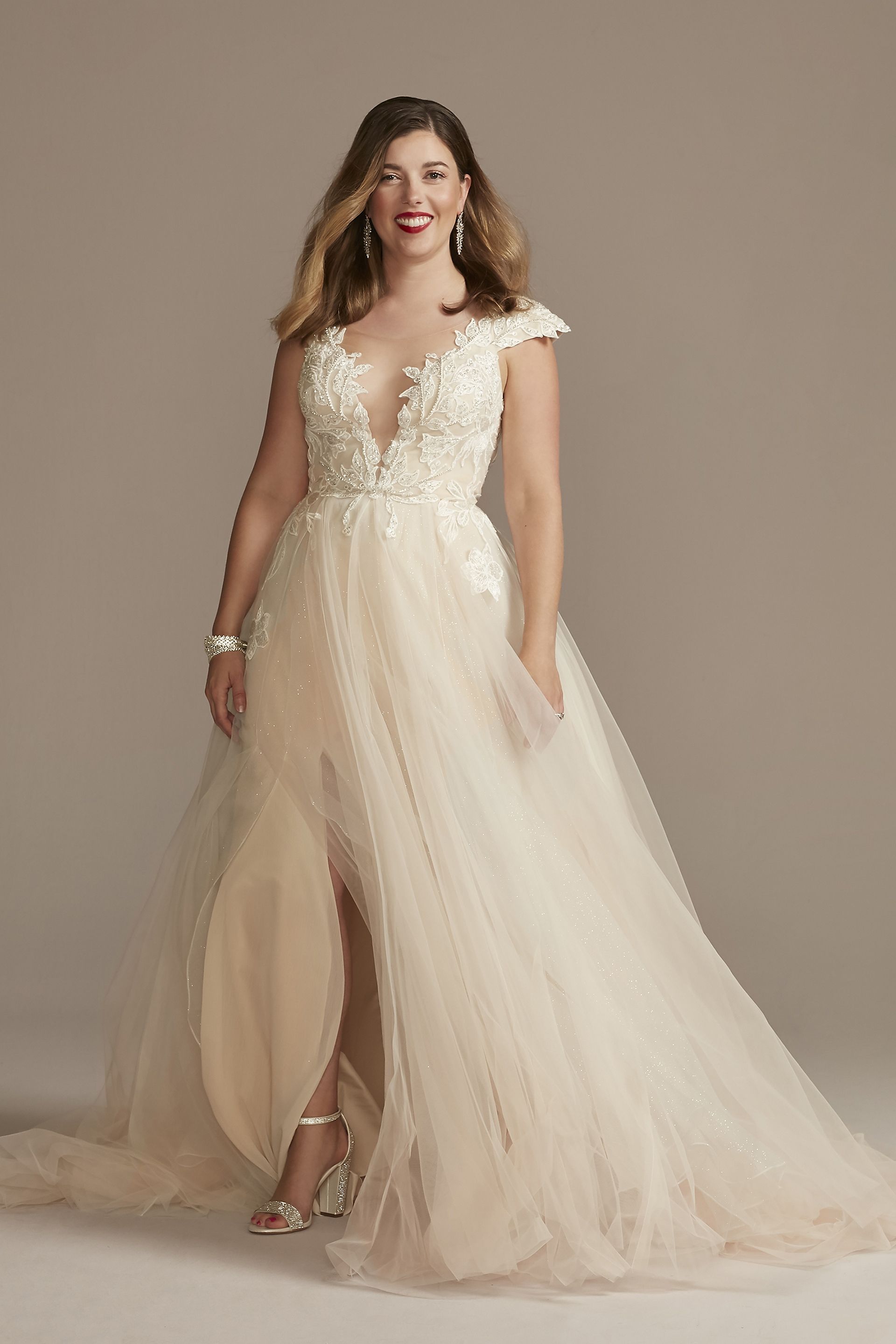 Illusion Cap Sleeve Lace Appliqued Wedding Dress | David's Bridal