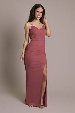 ruched spaghetti strap jersey dress with lace slit Nox Anabel Y1550 - Long Stretch Jersey Sheath Dress