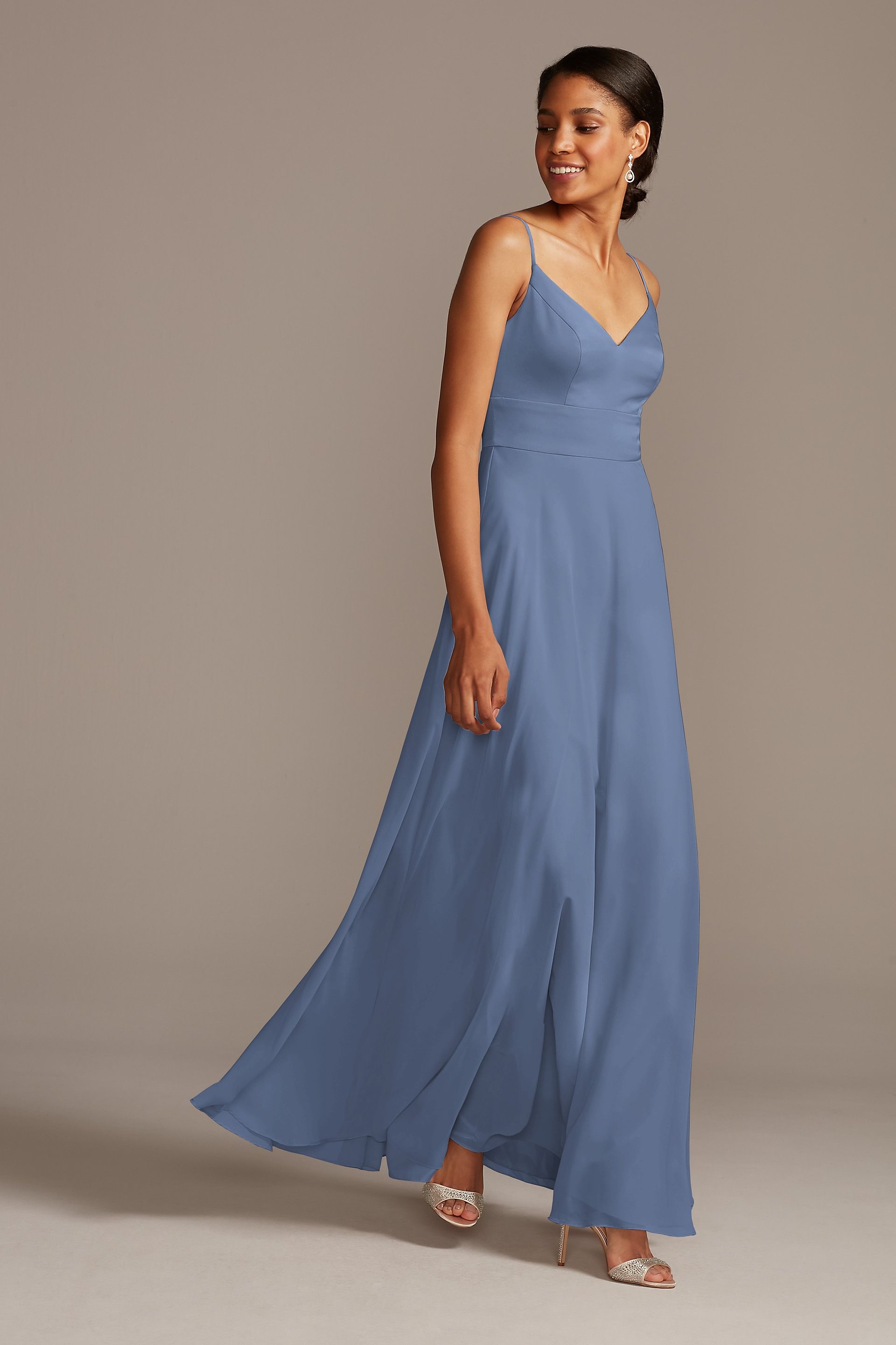 Spaghetti Strap Crepe-Back Satin Dress in Steel Blue Size: 26 David's Bridal