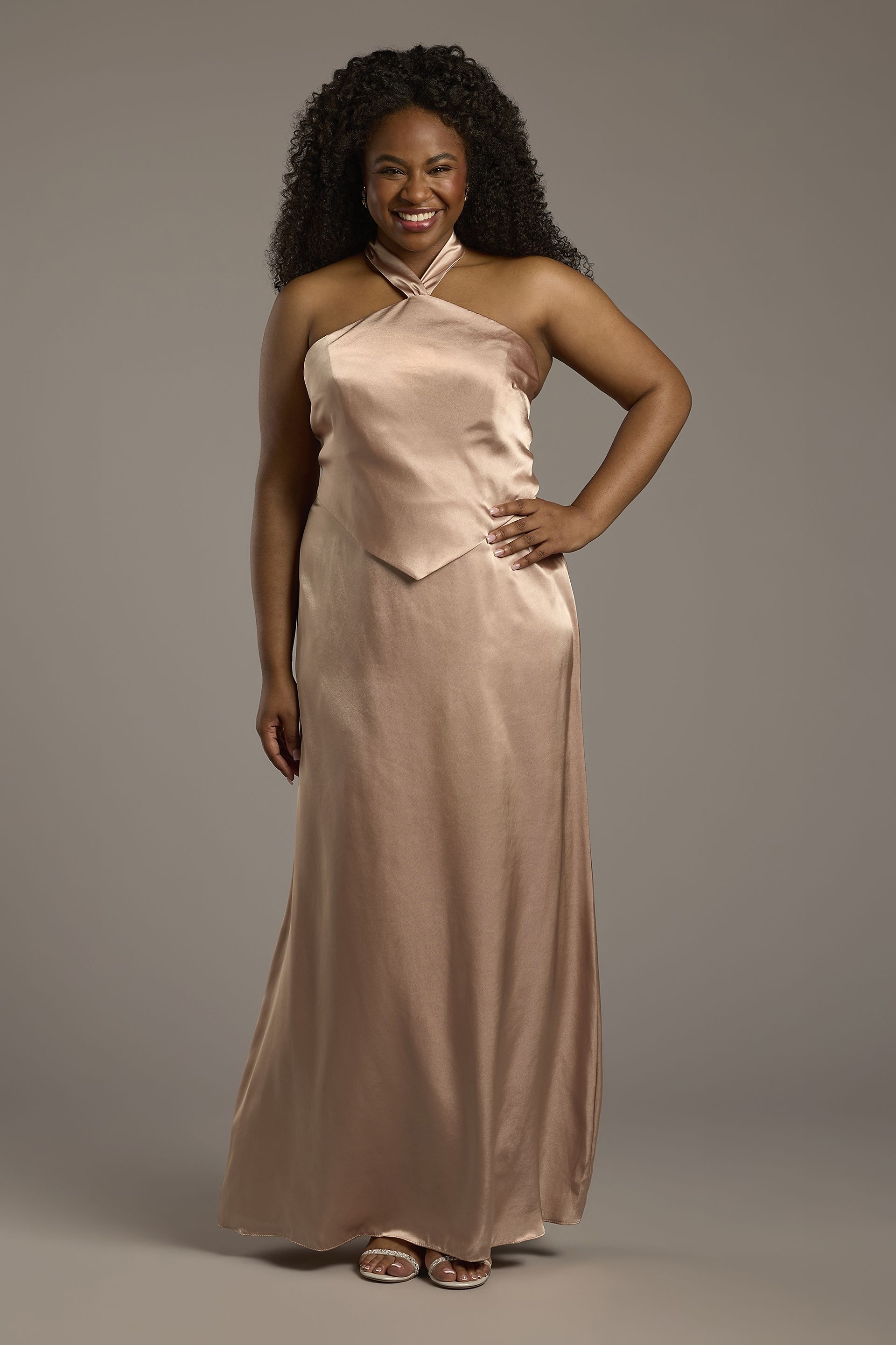 Charmeuse Halter Faux Two-Piece A-Line Dress | David's Bridal