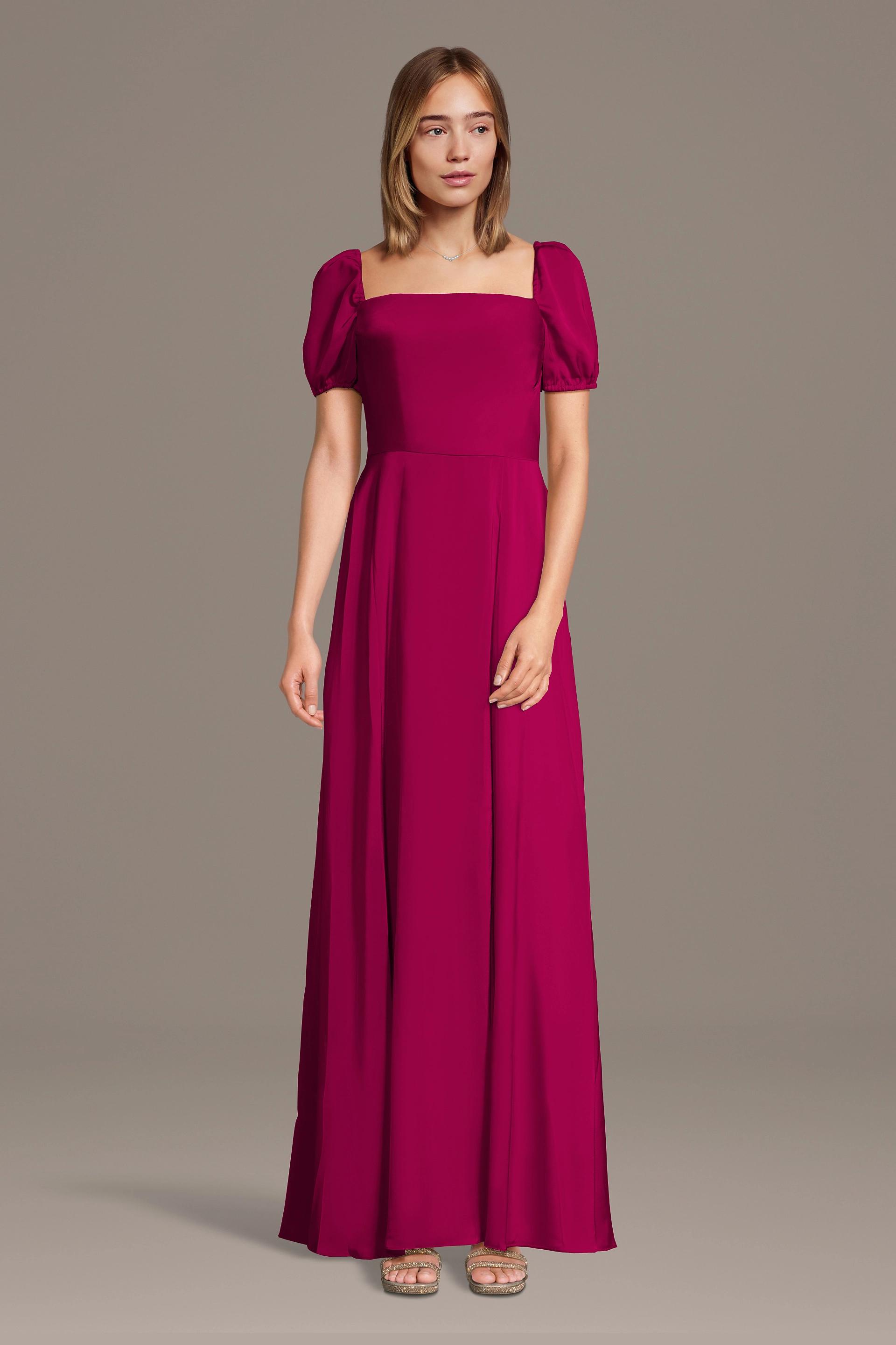 Celebrate DB Studio Matte Satin Square Neck Billow Sleeve A-Line Dress in Berry Size: 2X David's Bridal