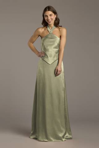 View Galina Signature Charmeuse Halter Faux Two-Piece A-Line Dress in all available color and sizes Picture of Charmeuse Halter Faux Two-Piece A-Line Dress