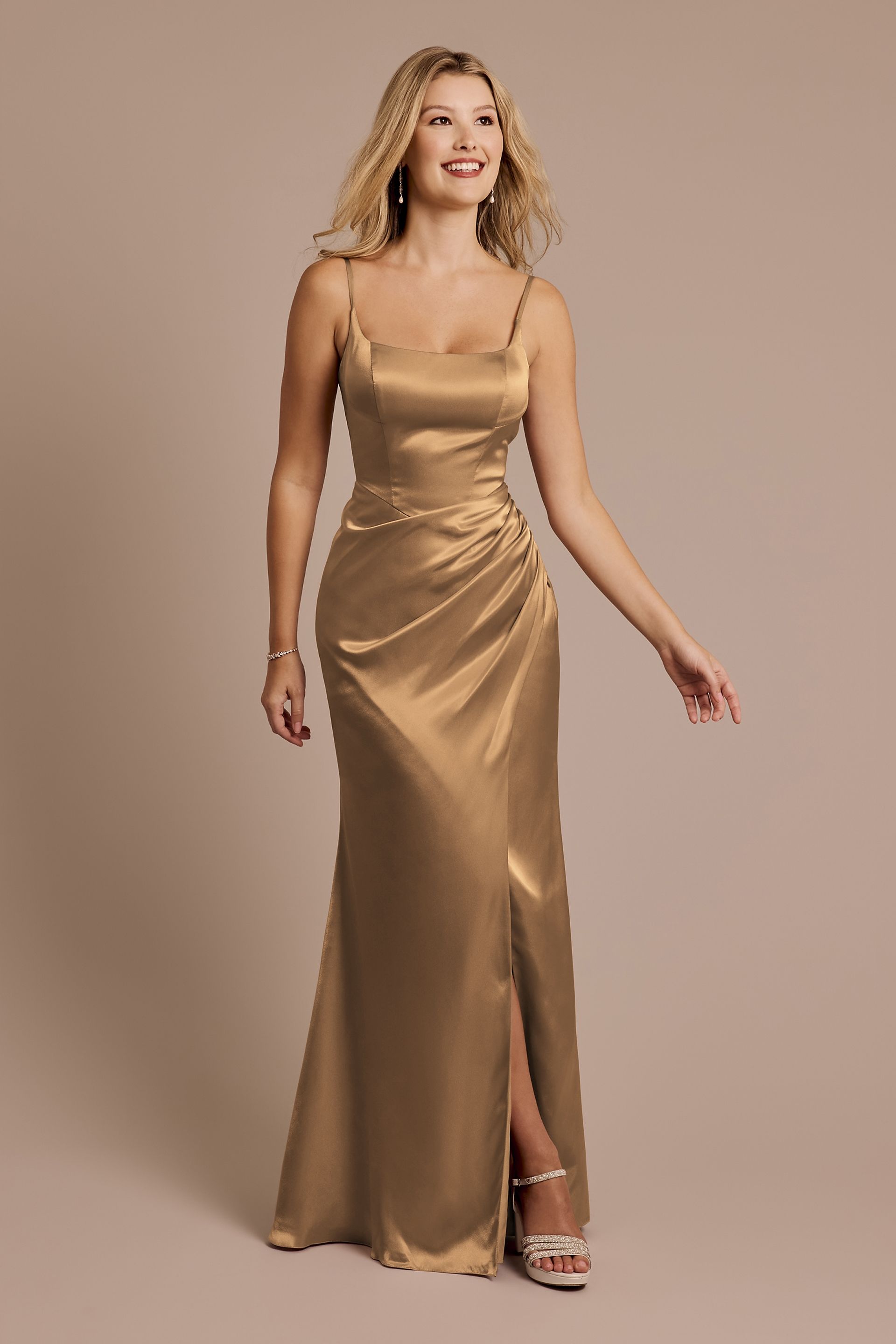 Charmeuse Square Neck Corset Sheath Dress | David's Bridal in Quartz
