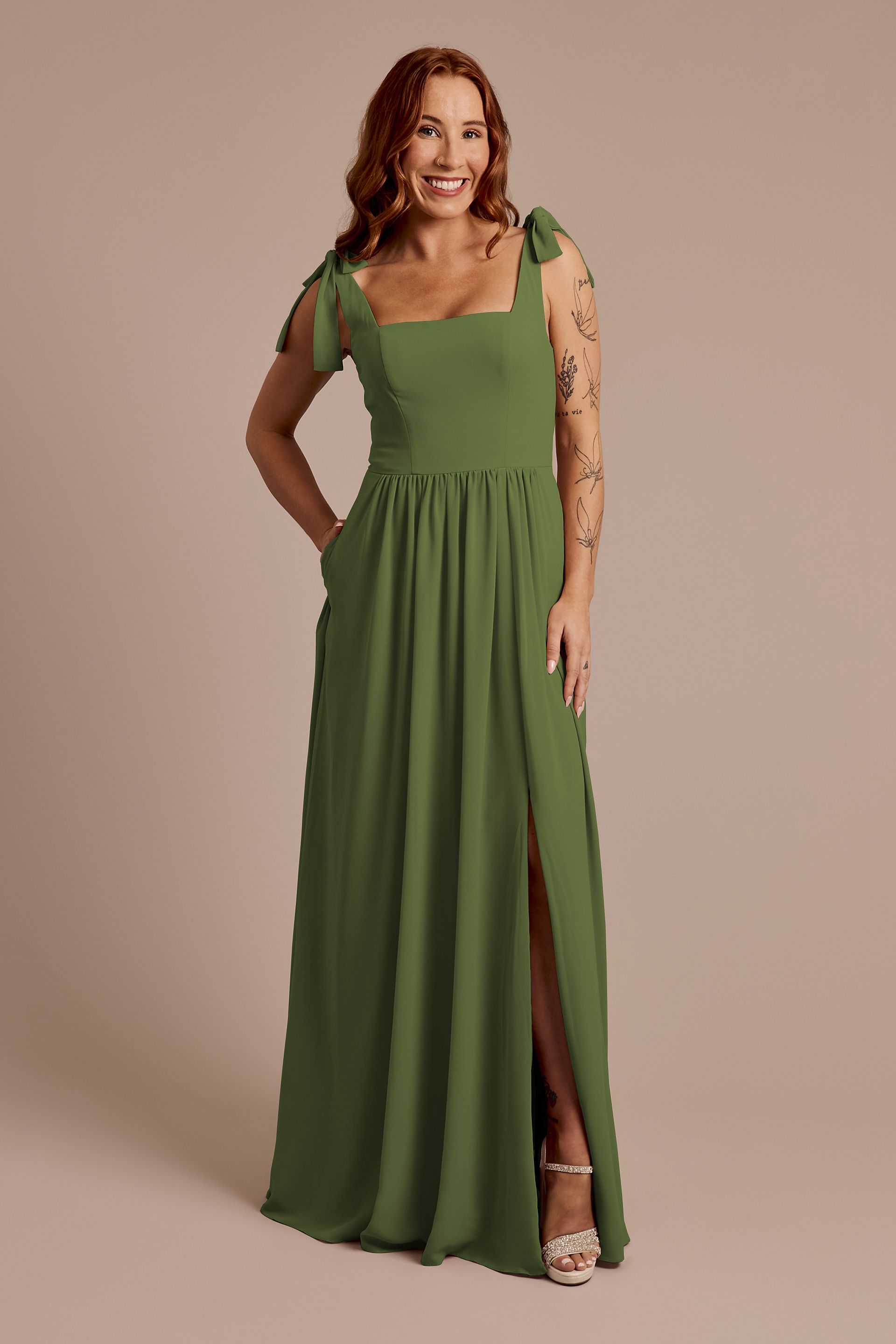 Celebrate DB Studio Chiffon Tie Strap Tank A-Line Dress in Martini Olive Size: 0 David's Bridal