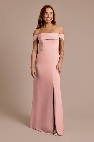 View Celebrate DB Studio Chiffon Off-the-Shoulder Draped Dress in all available color and sizes Picture of Chiffon Off-the-Shoulder Draped Dress