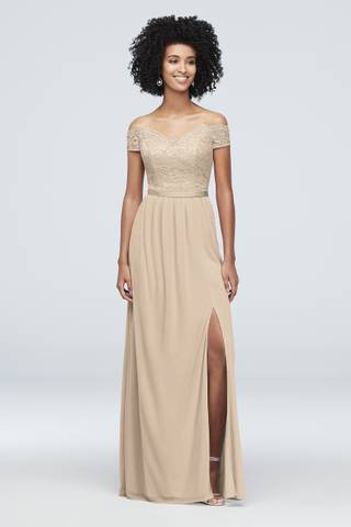 View David's Bridal Off-the-Shoulder Lace and Mesh Bridesmaid Dress in all available color and sizes Picture of Off-the-Shoulder Lace and Mesh Bridesmaid Dress