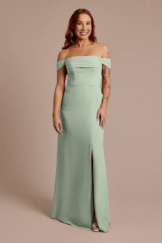 View Celebrate DB Studio Chiffon Off-the-Shoulder Draped Dress in all available color and sizes Picture of Chiffon Off-the-Shoulder Draped Dress