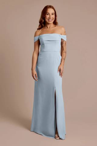View Celebrate DB Studio Chiffon Off-the-Shoulder Draped Dress in all available color and sizes Picture of Chiffon Off-the-Shoulder Draped Dress