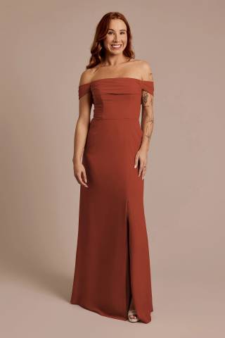 View Celebrate DB Studio Chiffon Off-the-Shoulder Draped Dress in all available color and sizes Picture of Chiffon Off-the-Shoulder Draped Dress