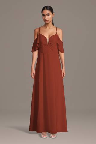 View Celebrate DB Studio Chiffon Cold-Shoulder Notch Neck A-Line Dress in all available color and sizes Picture of Chiffon Cold-Shoulder Notch Neck A-Line Dress