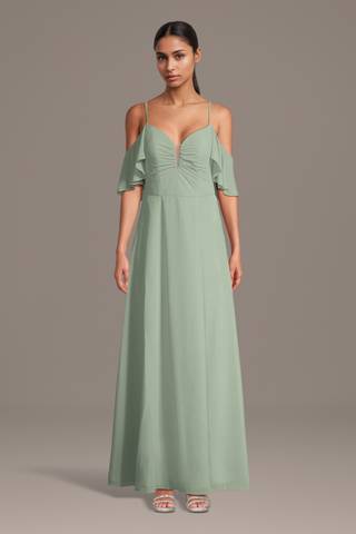 View Celebrate DB Studio Chiffon Cold-Shoulder Notch Neck A-Line Dress in all available color and sizes Picture of Chiffon Cold-Shoulder Notch Neck A-Line Dress