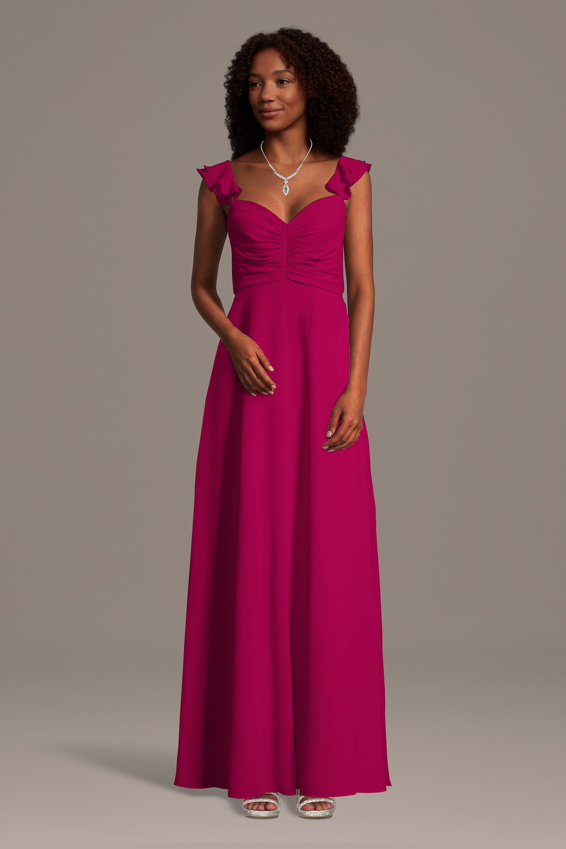 berry pink bridesmaid dress Chiffon Ruffle Sleeve Ruched A-Line Mermaid Fabric