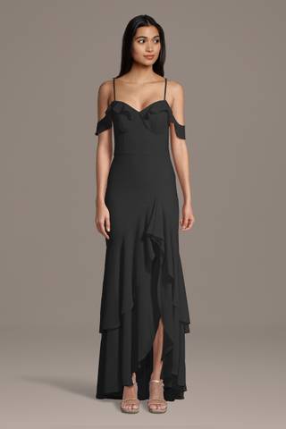 View Celebrate DB Studio Chiffon Ruffle Hem Off-the-Shoulder Sheath Dress in all available color and sizes Picture of Chiffon Ruffle Hem Off-the-Shoulder Sheath Dress