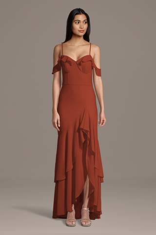 View Celebrate DB Studio Chiffon Ruffle Hem Off-the-Shoulder Sheath Dress in all available color and sizes Picture of Chiffon Ruffle Hem Off-the-Shoulder Sheath Dress