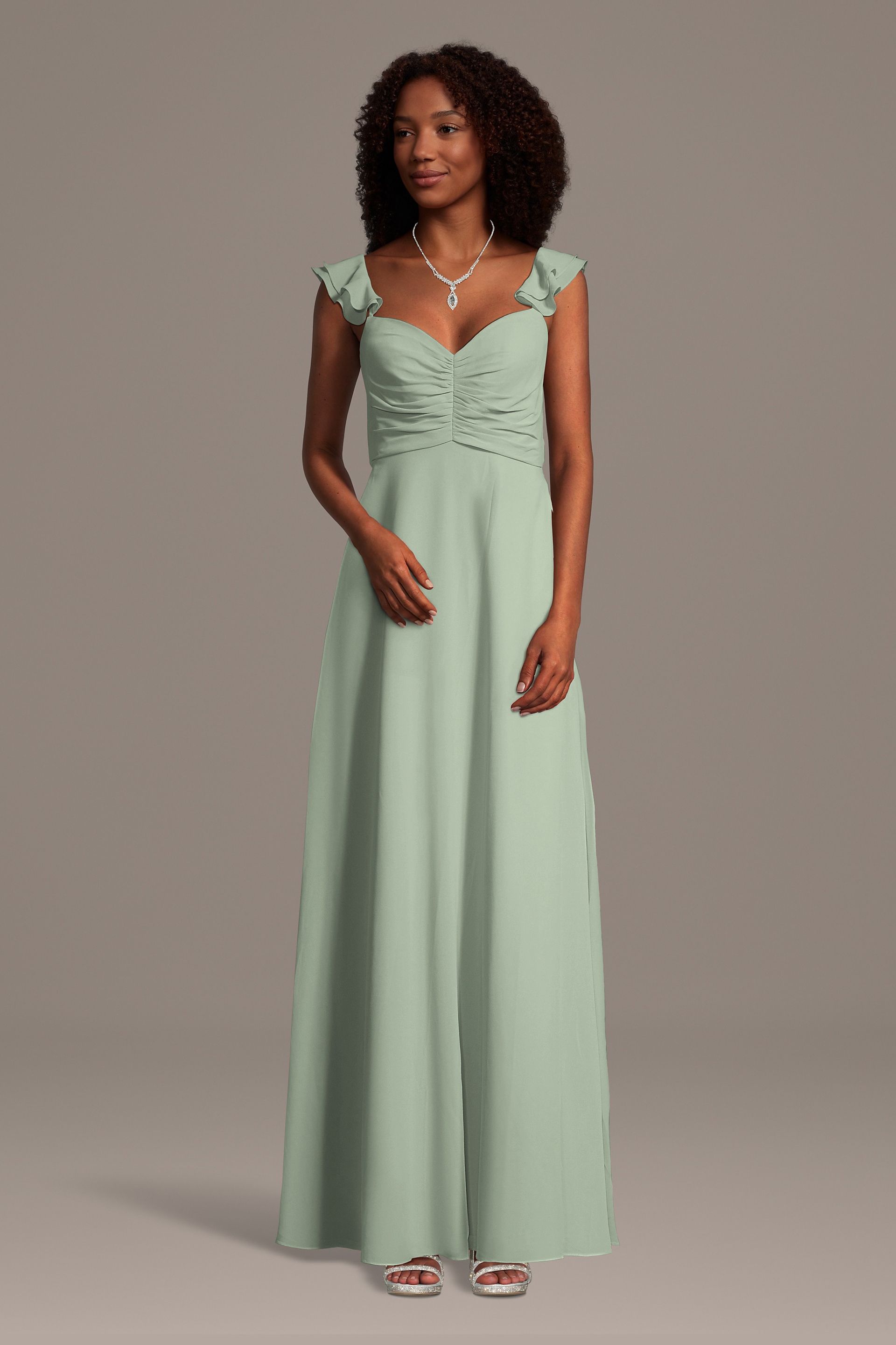 Celebrate DB Studio Chiffon Ruffle Sleeve Ruched A-Line Dress in Dusty Sage Size: Small David's Bridal