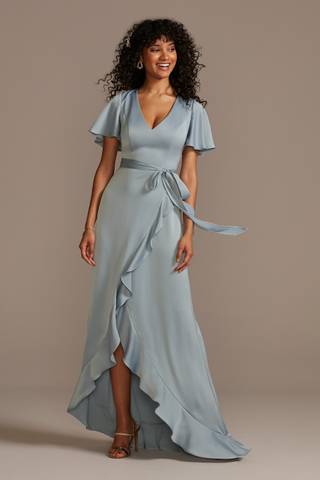 Picture of Flutter Sleeve Crepe Satin Ruffle Bridesmaid Dress