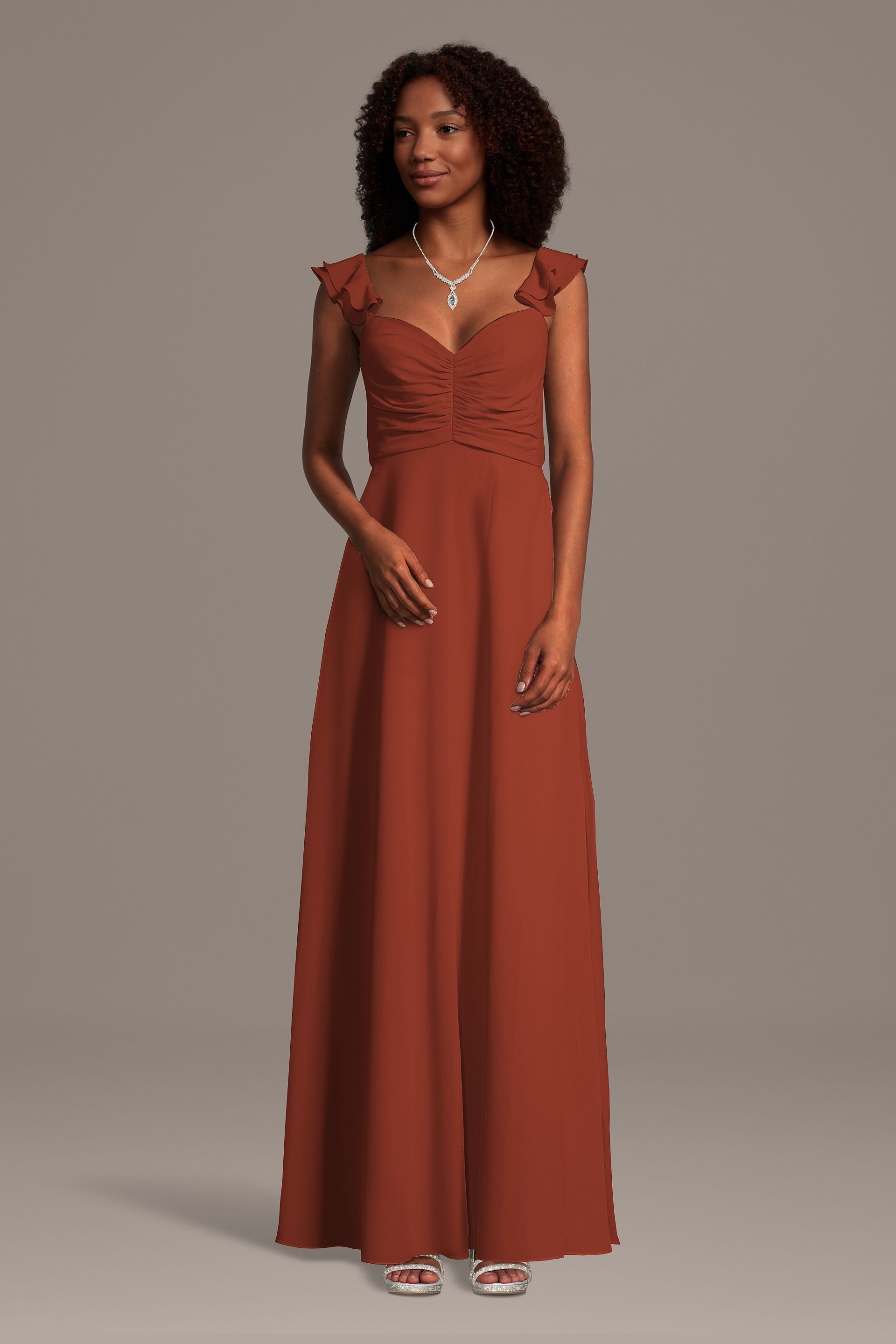 View Celebrate DB Studio Chiffon Ruffle Sleeve Ruched A-Line Dress in all available color and sizes Picture of Chiffon Ruffle Sleeve Ruched A-Line Dress