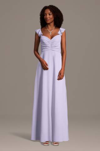 View Celebrate DB Studio Chiffon Ruffle Sleeve Ruched A-Line Dress in all available color and sizes Picture of Chiffon Ruffle Sleeve Ruched A-Line Dress