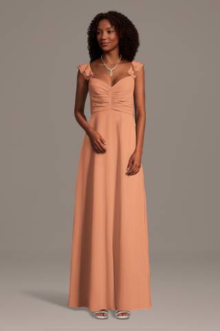 View Celebrate DB Studio Chiffon Ruffle Sleeve Ruched A-Line Dress in all available color and sizes Picture of Chiffon Ruffle Sleeve Ruched A-Line Dress