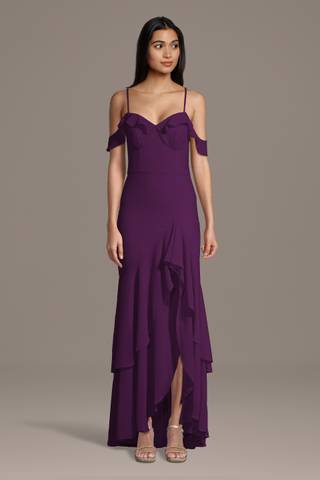 View Celebrate DB Studio Chiffon Ruffle Hem Off-the-Shoulder Sheath Dress in all available color and sizes Picture of Chiffon Ruffle Hem Off-the-Shoulder Sheath Dress