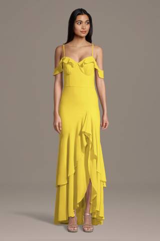 View Celebrate DB Studio Chiffon Ruffle Hem Off-the-Shoulder Sheath Dress in all available color and sizes Picture of Chiffon Ruffle Hem Off-the-Shoulder Sheath Dress