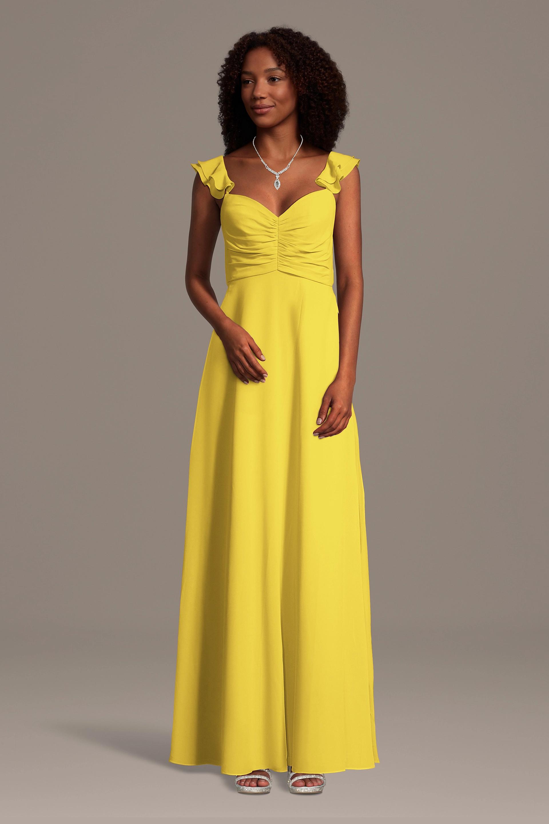 Celebrate DB Studio Chiffon Ruffle Sleeve Ruched A-Line Dress in Sunflower Size: XS David's Bridal