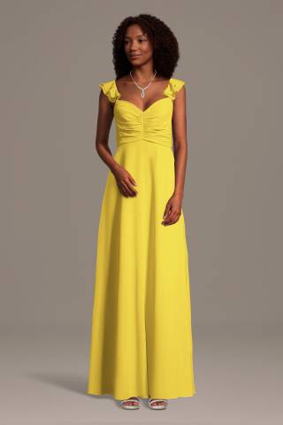 View Celebrate DB Studio Chiffon Ruffle Sleeve Ruched A-Line Dress in all available color and sizes Picture of Chiffon Ruffle Sleeve Ruched A-Line Dress