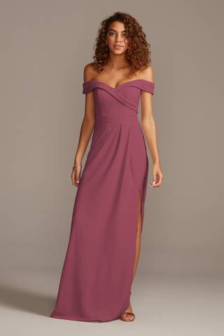 View David's Bridal Stretch Crepe Off-the-Shoulder Bridesmaid Dress in all available color and sizes Picture of Stretch Crepe Off-the-Shoulder Bridesmaid Dress