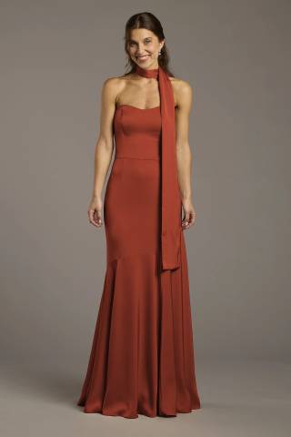 View Galina Signature Matte Satin Strapless Sweetheart Dress with Scarf in all available color and sizes Picture of Matte Satin Strapless Sweetheart Dress with Scarf