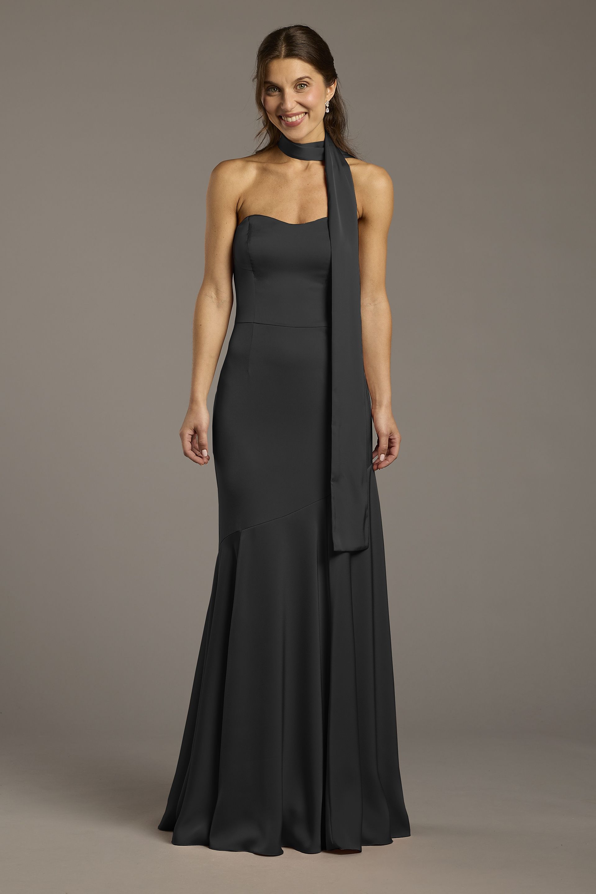 Picture of Matte Satin Strapless Sweetheart Dress with Scarf