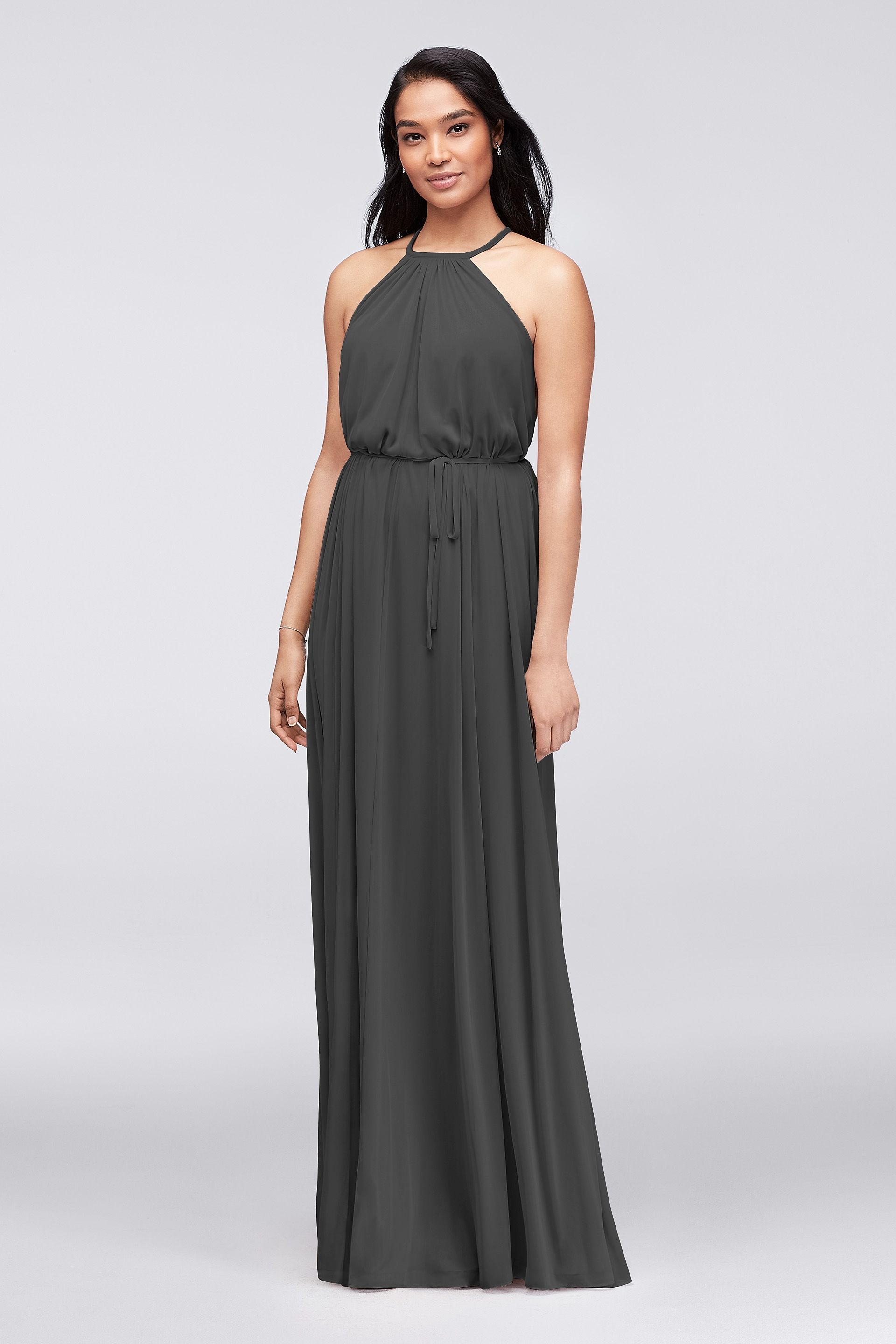 soft mesh halter bridesmaid dress with slim sash Beaded homecoming dresses