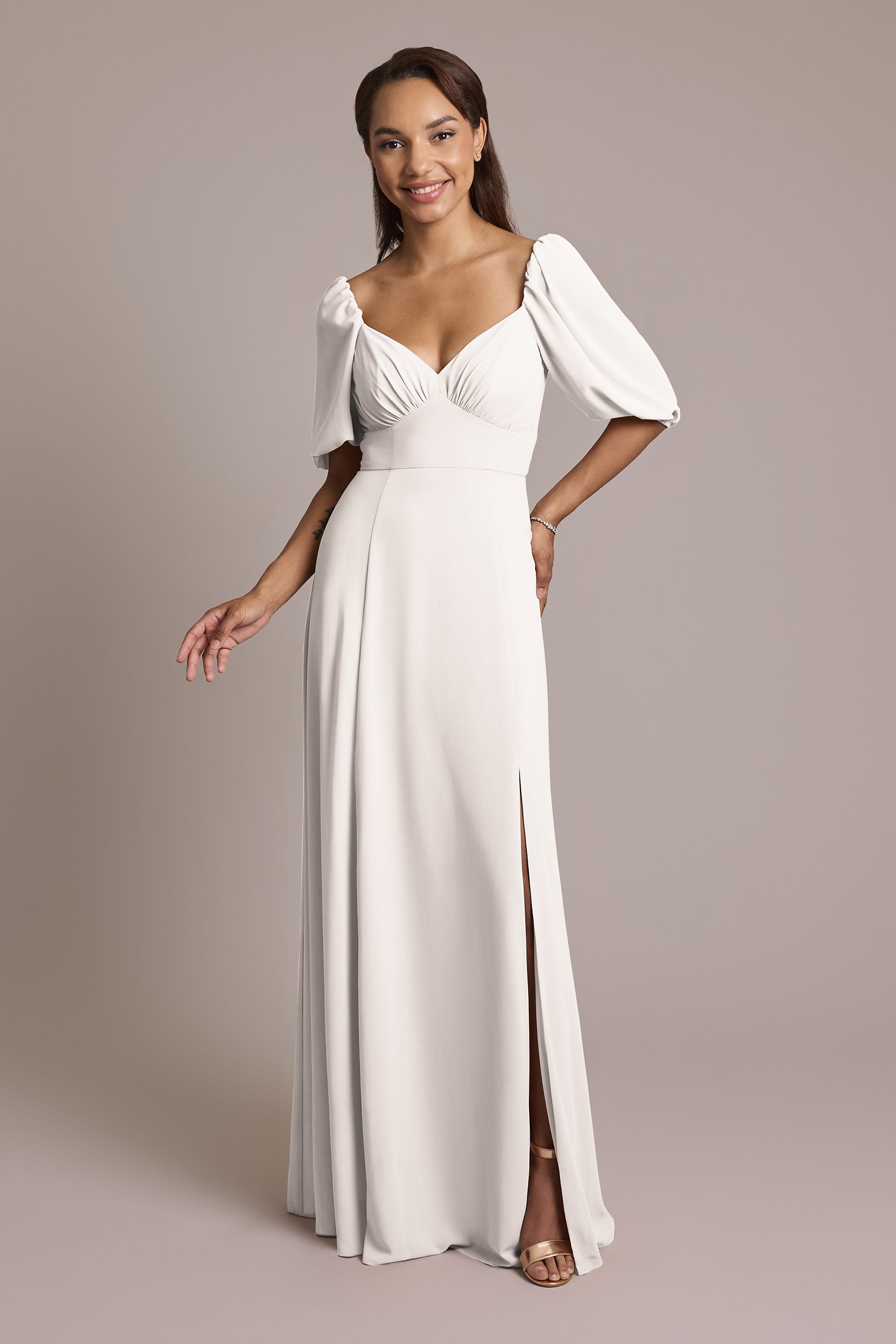 off white bridesmaid dresses Chiffon Mismatched Simple Boho Wedding Long Dress AlineBridal A sultry leg slit adds graceful movement and a modern touch to this timeless design. Arwen Off The Shoulder Satin