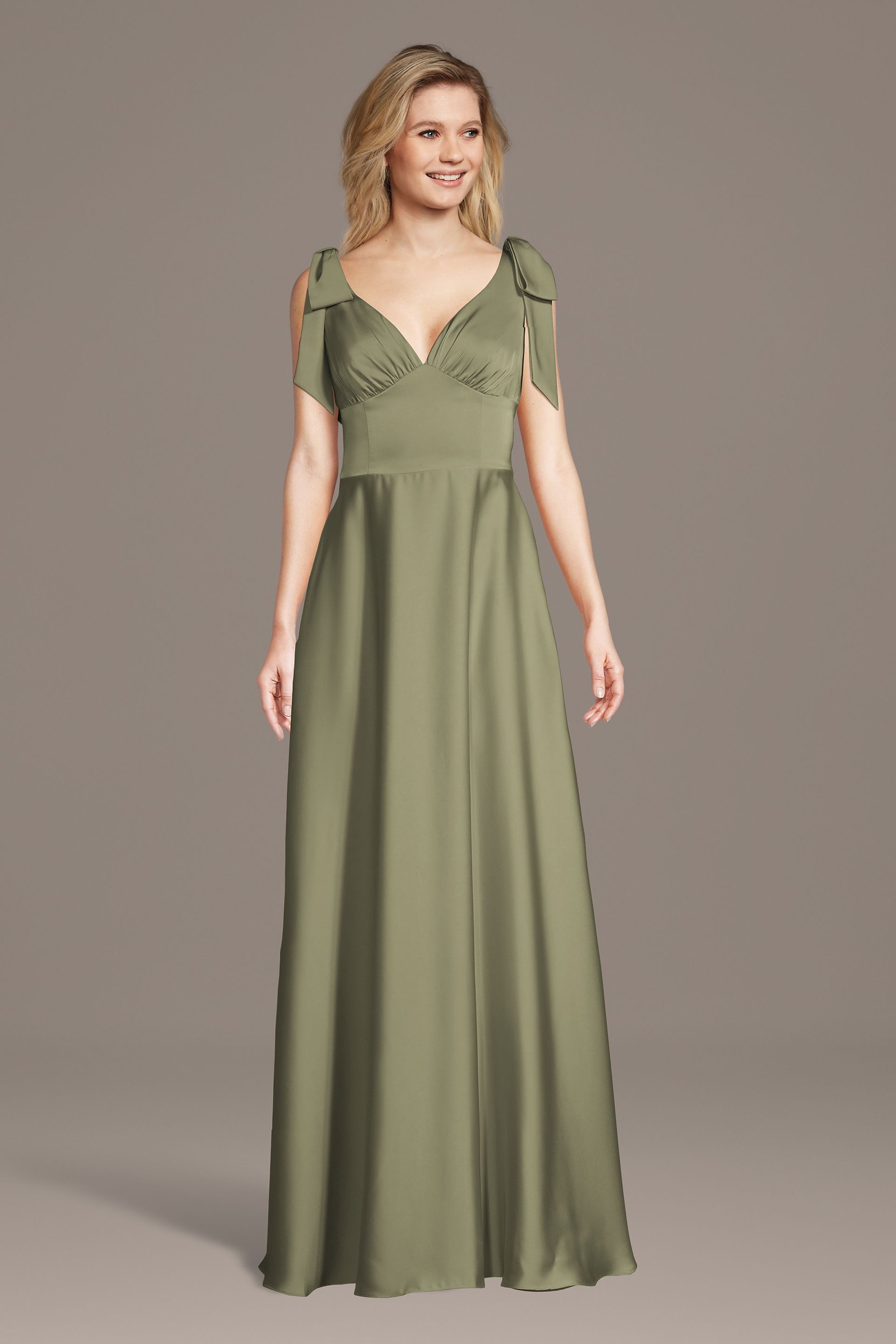 Celebrate DB Studio Matte Satin Bow Shoulder A-Line Dress in Eucalyptus Size: 2X David's Bridal