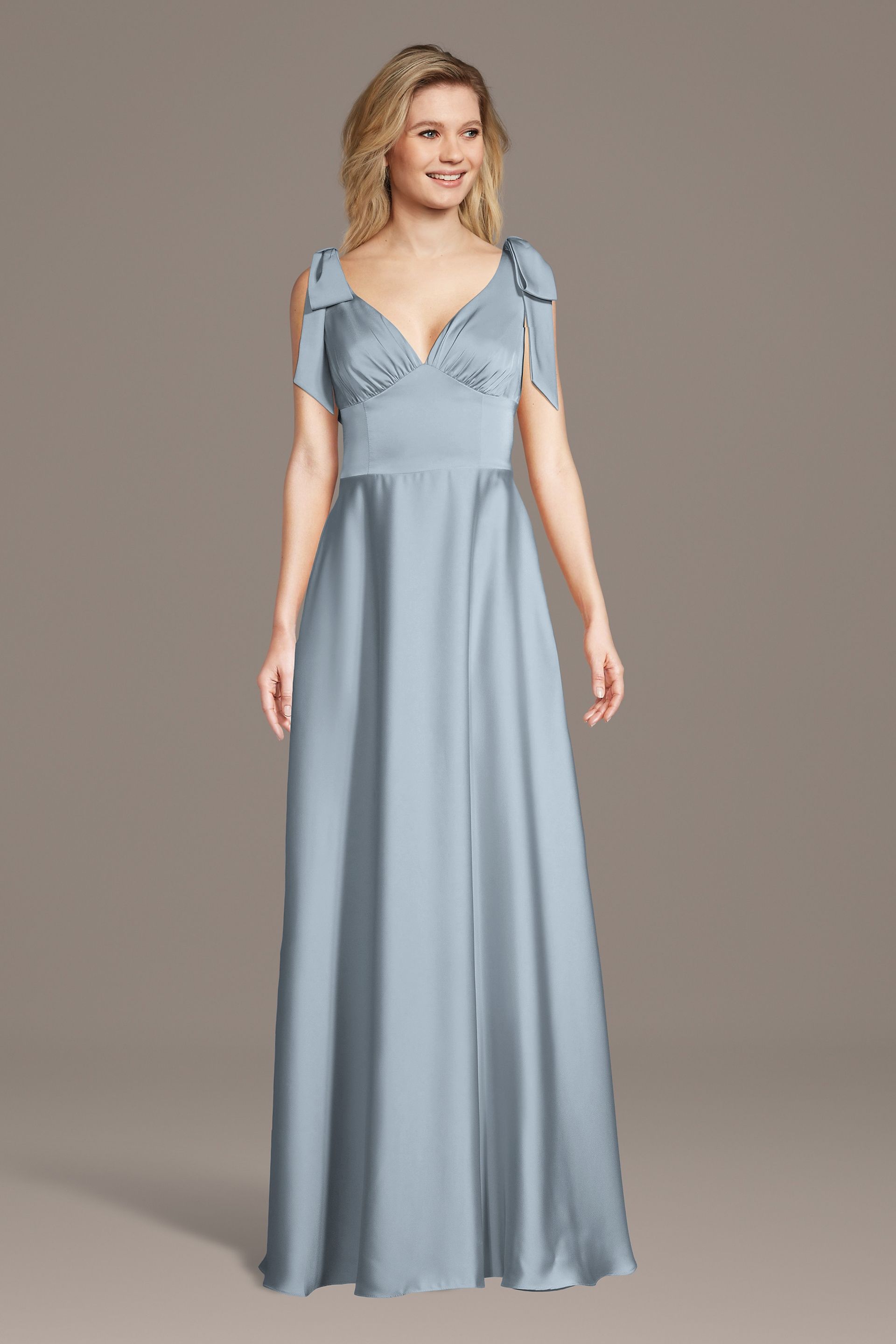 Celebrate DB Studio Matte Satin Bow Shoulder A-Line Dress in Dusty Blue Size: 2X David's Bridal