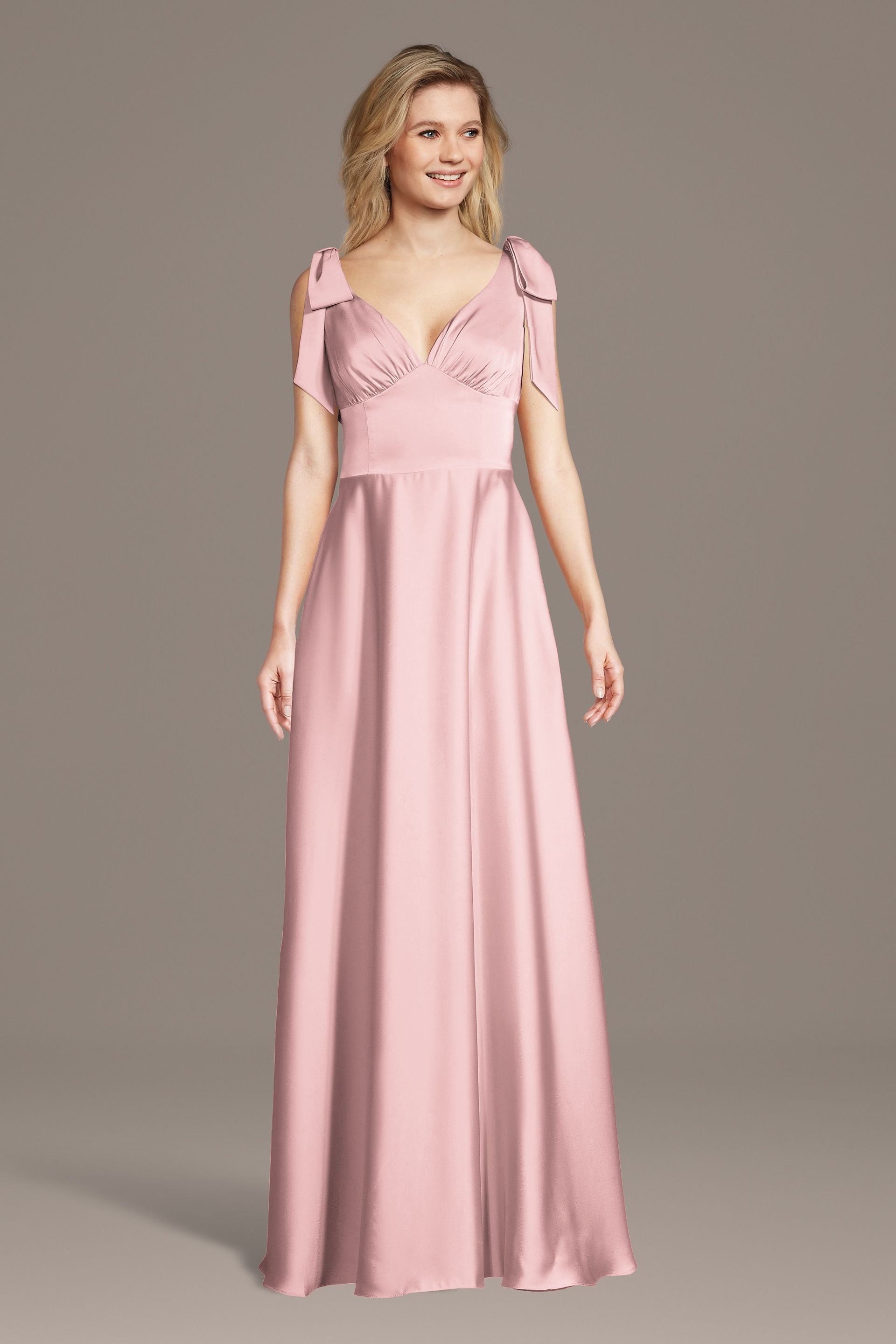Celebrate DB Studio Matte Satin Bow Shoulder A-Line Dress in Pastel Pink Size: 1X David's Bridal