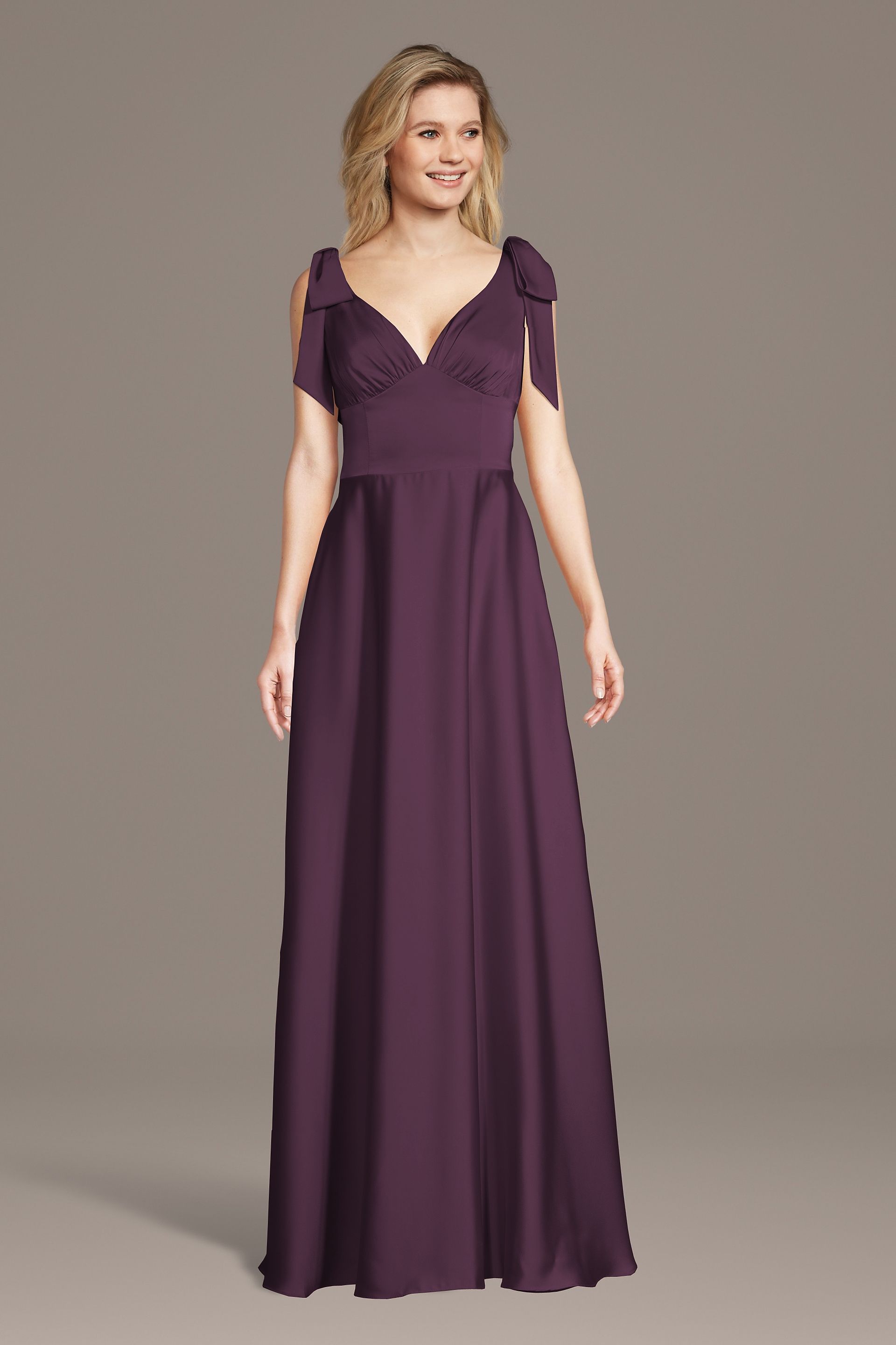 Celebrate DB Studio Matte Satin Bow Shoulder A-Line Dress in Amethyst Size: 1X David's Bridal