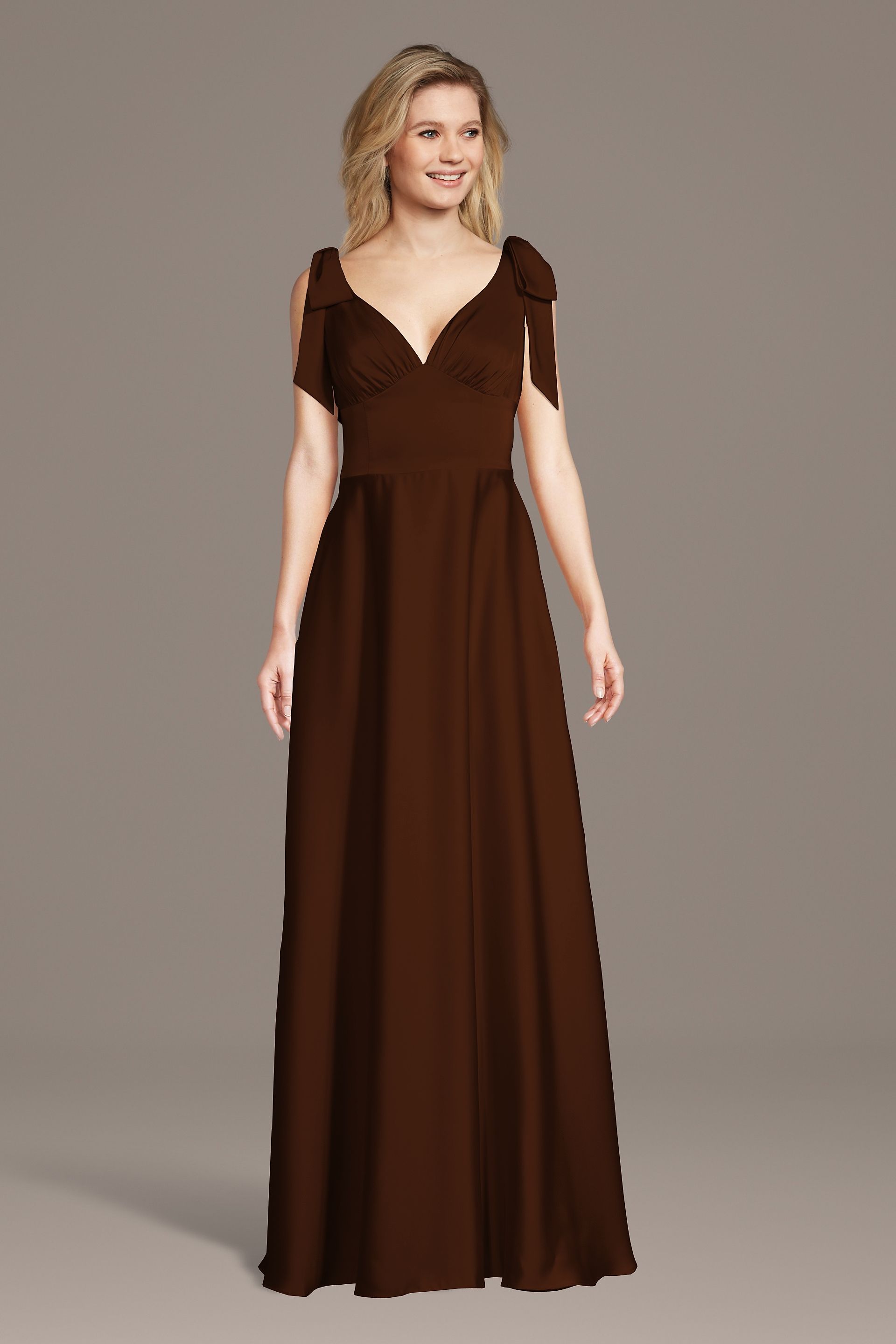 Celebrate DB Studio Matte Satin Bow Shoulder A-Line Dress in Chocolate Size: Large David's Bridal